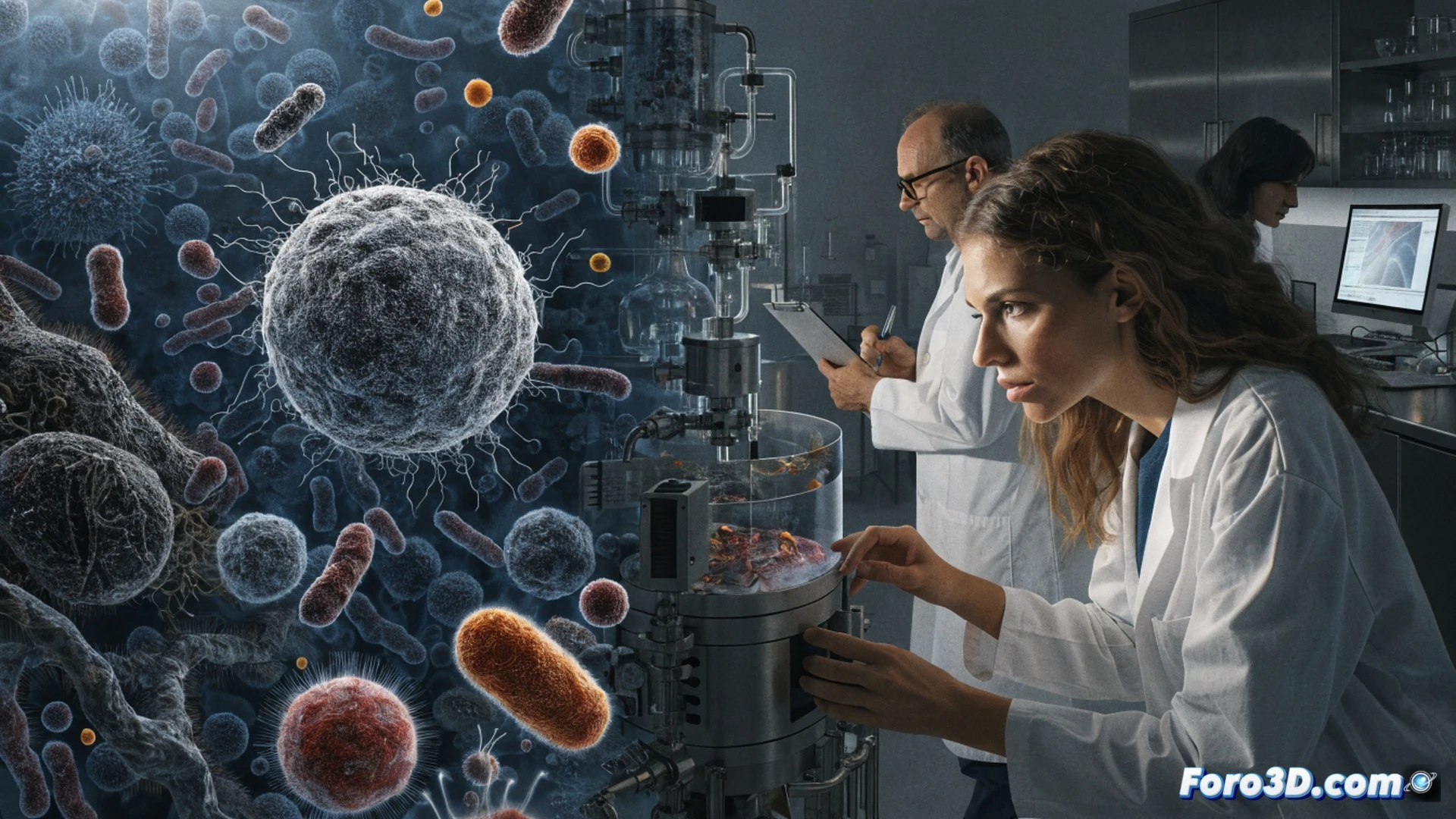 human digestive system microbiome glowing bacteria colonies near intestinal wall, prebiotic and probiotic capsules dissolving in stomach acid releasing tiny sparkling particles, postbiotic molecules traveling through bloodstream toward skin cells, visible collagen fibers being repaired in dermis layer, cinematic medical visualization, photorealistic anatomical render, dramatic blue and amber bioluminescent lighting, detailed cellular structures with soft glow, motion blur of nutrient flow, technical illustration style showing biological process, ultra-realistic tissue textures