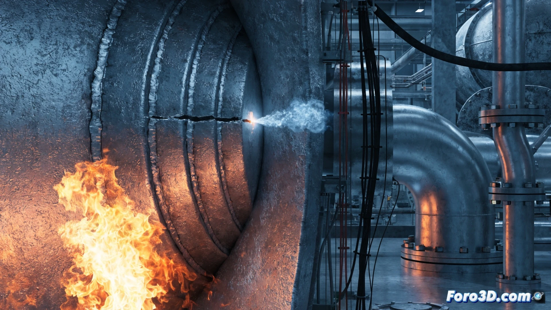 criogenic hydrogen liquefaction plant, technician inspecting a large stainless steel cryostat vessel, micro-fissure in capillary tube weld leaking invisible hydrogen gas, sudden ignition source from nearby electrical panel, small controlled fire erupting along pipe surface, safety protocols in action, automated fire suppression system activating with white mist, pressure gauges showing rapid drop, warning lights flashing red, industrial safety barriers and emergency ventilation ducts visible, engineering visualization style, photorealistic metallic textures, dramatic low-angle lighting, intense orange flames contrasting with cold blue cryogenic equipment, ultra-detailed welding seams and pipe fittings, cinematic technical illustration