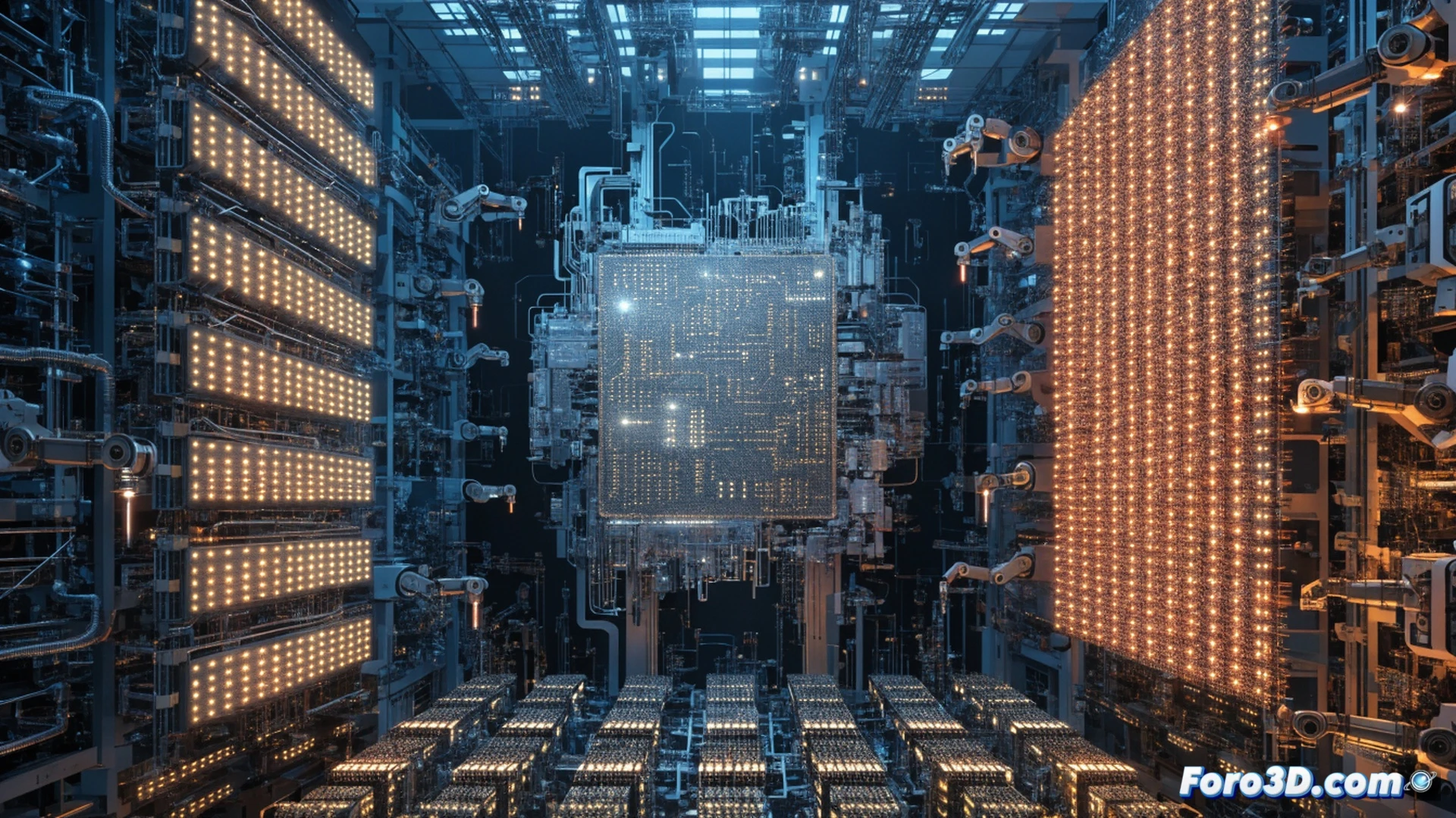 A semiconductor fabrication cleanroom, robotic arms handling glowing DRAM wafers under sterile yellow light, a transparent digital overlay showing rising price graphs and locked contract icons, while a frustrated consumer holds a credit card near a laptop with a frozen loading screen, cinematic engineering visualization, metallic surfaces reflecting amber warning lights, dust-free environment with HEPA vents visible, ultra-detailed chip architecture on wafers, photorealistic technical render, dramatic industrial shadows, glowing circuit traces emphasizing scarcity.