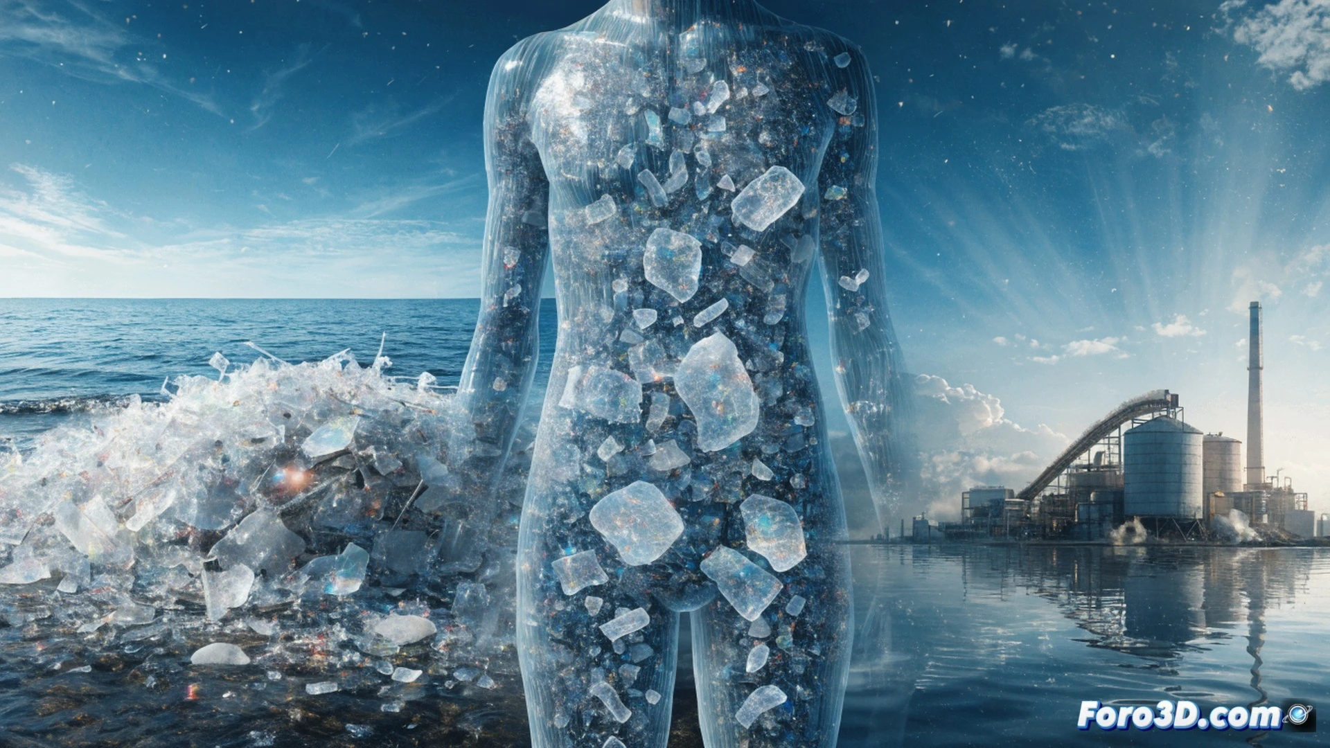 Photorealistic technical scene of a clear glass beaker filled with water and floating microplastic fibers, a human hand in a blue nitrile glove holding a magnifying glass over the beaker, while in the background a plastic bottle cracks and fragments into tiny particles mid-air, falling onto a synthetic fabric pile, a politician’s silhouette turns away near a factory smokestack emitting plastic dust, cinematic lighting, ultra-detailed macro texture on microplastics, dark atmospheric contrast, engineering visualization style