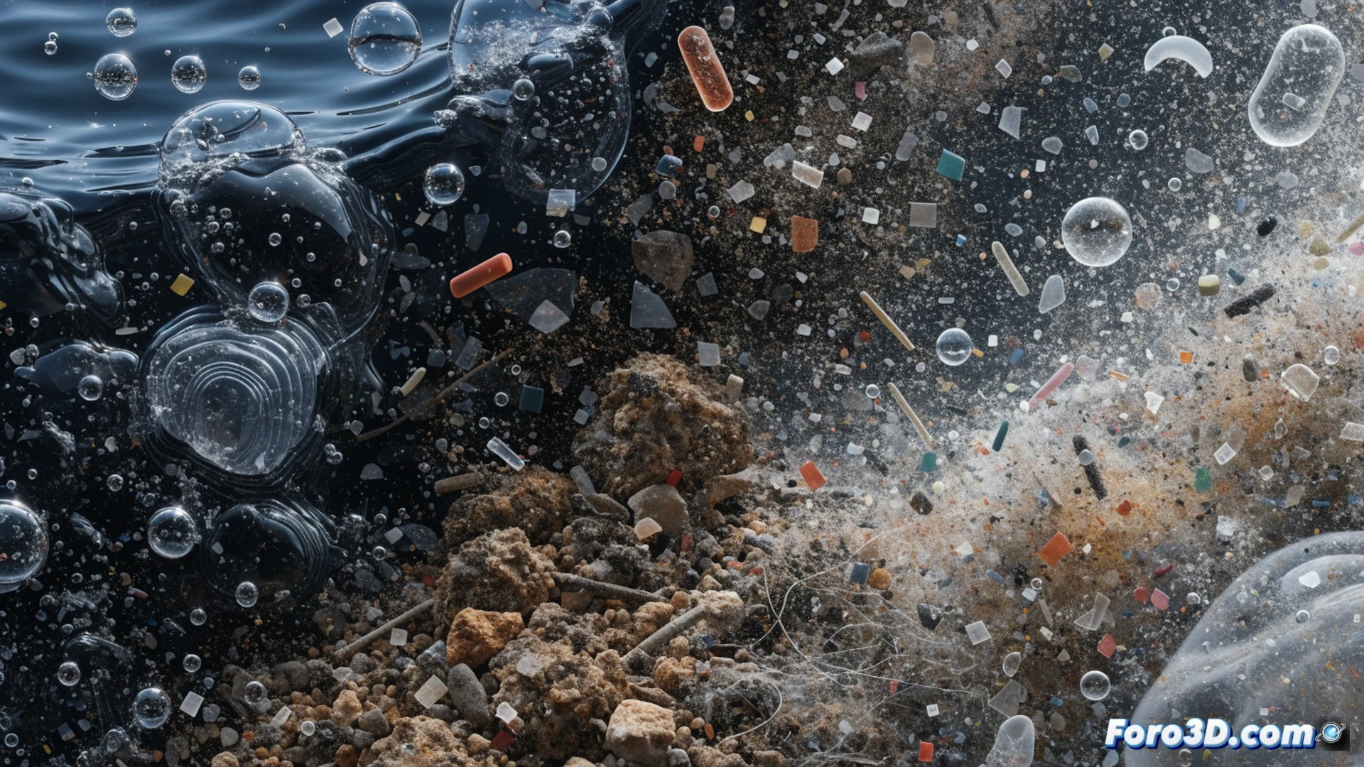 photorealistic technical illustration of microplastic particles in a cross-section of human lung tissue, synthetic fibers from clothing embedded in alveoli, tire wear particles suspended in bloodstream capillaries, food container fragments lodged in soil with plant roots, a magnifying glass showing particles smaller than 5mm, scientific laboratory setting with microscope and petri dish, blue and red lighting highlighting contamination pathways, cinematic medical visualization, ultra-detailed cellular structures, dramatic shadow play on organic textures, realistic environmental health documentary style