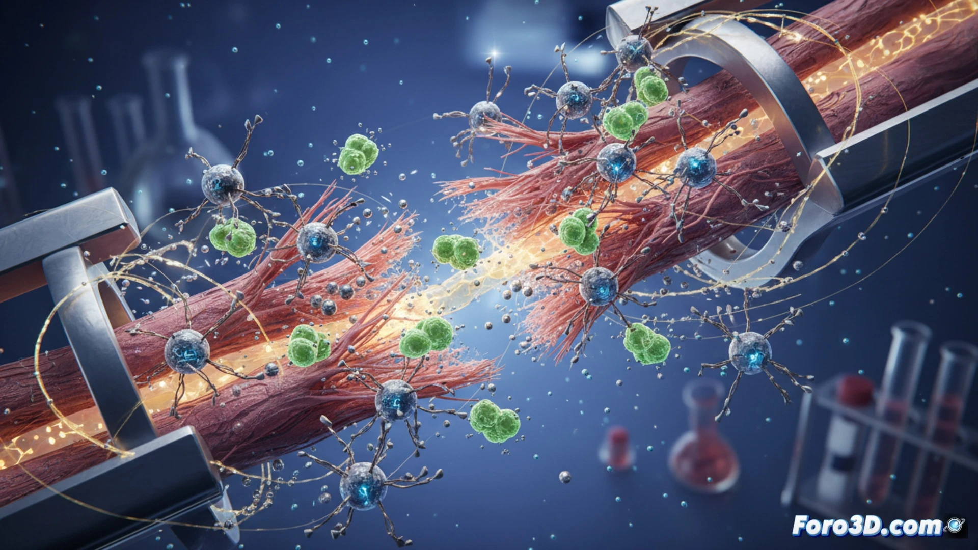 microscopic view of a spinal cord injury site, swarm of spherical microrobots navigating along nerve fibers, each robot carrying glowing stem cells and magnetic nanoparticles, a concentrated magnetic field being applied through a thin external coil, damaged neurons reconnecting with visible repair sparks, photorealistic medical illustration, soft blue biological tissue background, warm gold light from regenerating cells, high contrast between healthy and damaged tissue, cinematic macro shot, detailed cellular structures, technical medical visualization