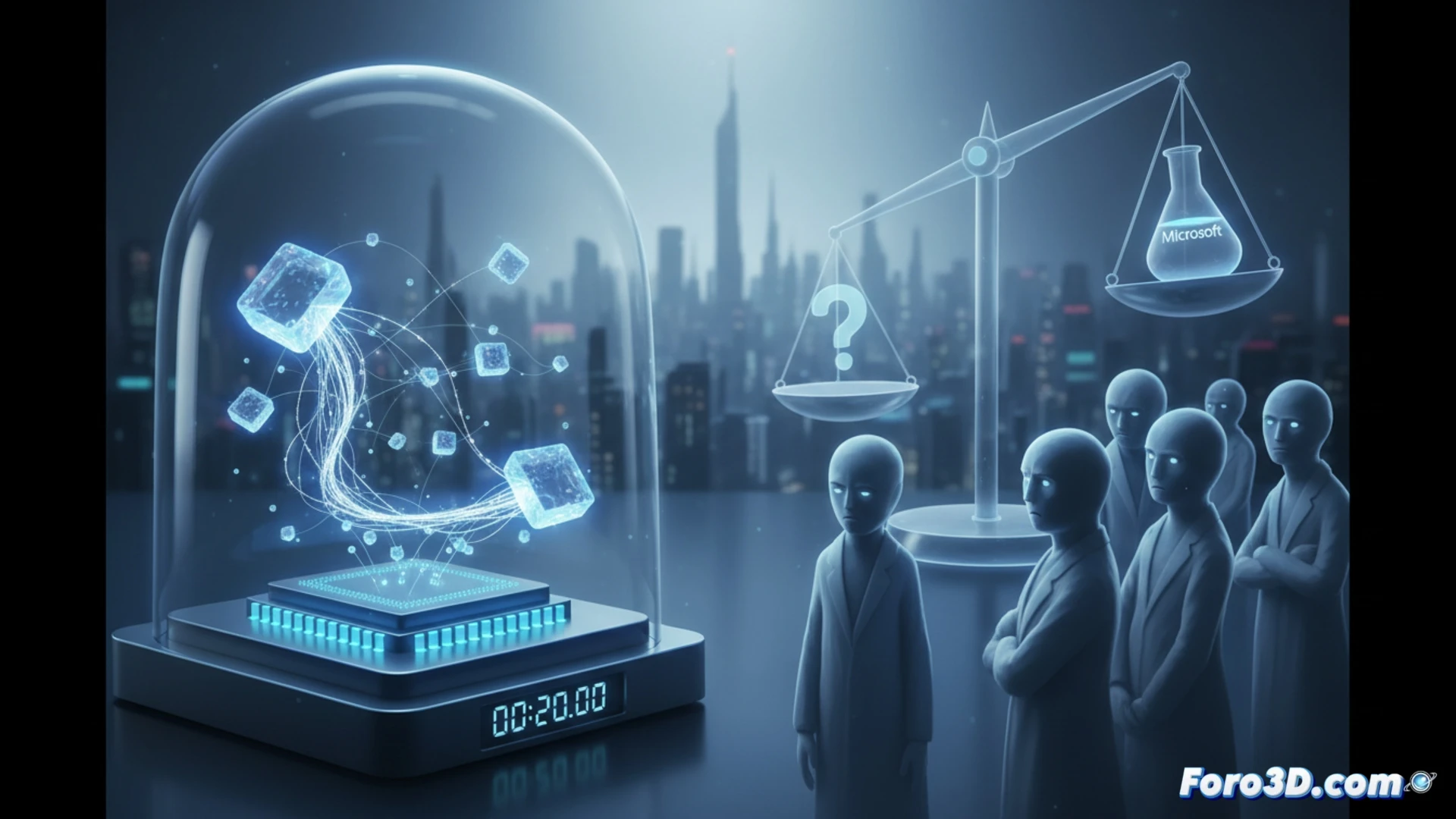 Microsoft quantum chip cooling system, superconducting qubits suspended in dilution refrigerator, cryogenic layers glowing with blue light, error correction algorithms visualized as floating holographic grids, qubit stability lasting 20 seconds shown by a glowing digital clock, skeptical scientists observing through reinforced glass, distant blurry city skyline symbolizing future consumer quantum computing, cinematic technical illustration, cold industrial lighting, metallic surfaces with frost, holographic data streams, photorealistic engineering visualization