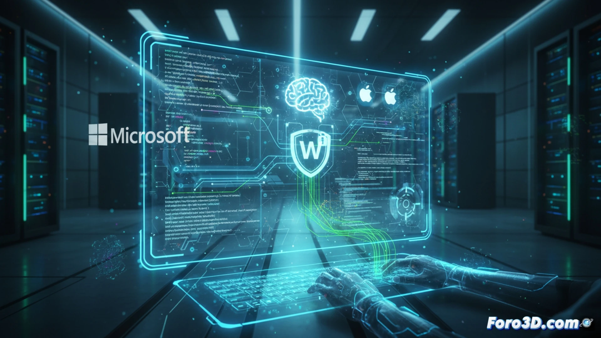 Intelligent Terminal AI detecting a syntax error in red code on a dark terminal window, glowing AI cursor highlighting the mistake while generating a suggested fix in green, Windows 11 UI elements visible, keyboard with Windows key illuminated, Linux and macOS logos fading into shadow in the background, cinematic technical illustration, dramatic blue and orange lighting, photorealistic render, ultra-detailed code lines with syntax highlighting, error correction process in action