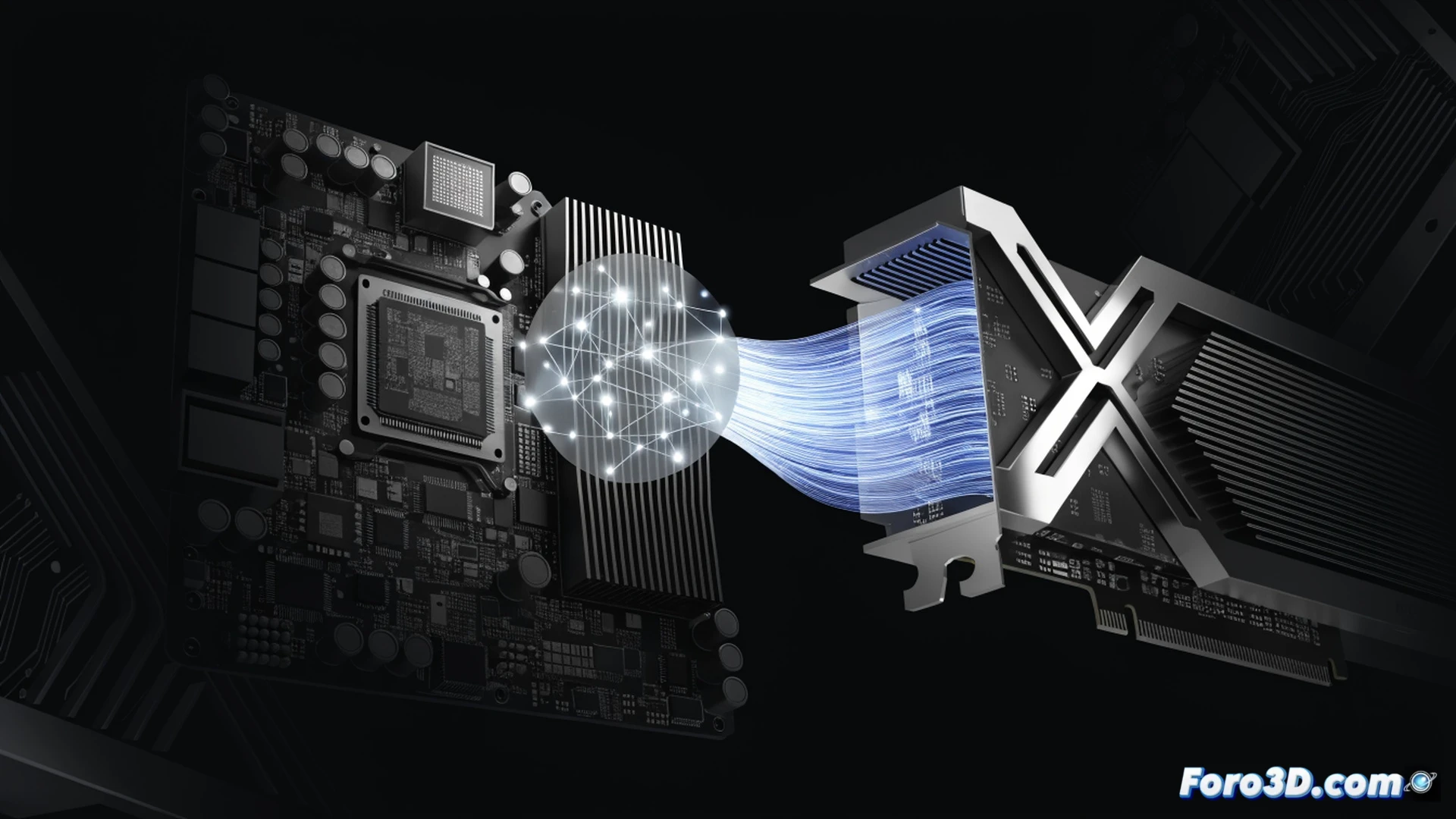 photorealistic technical illustration, a modern PC desktop setup with a transparent side panel showing an NVIDIA RTX 3060 graphics card, Windows 11 interface on the monitor displaying a local AI language model interface, GPU memory usage indicator showing 5.9 GB VRAM active, neural network nodes glowing inside the GPU, motherboard traces lighting up during inference processing, cooling fan spinning with soft blue LED, cables neatly routed, dark ambient room lighting with blue and orange accents, cinematic lighting highlighting the GPU die, ultra-detailed components, realistic reflections on glass panel, demonstrating local AI execution without dedicated NPU hardware