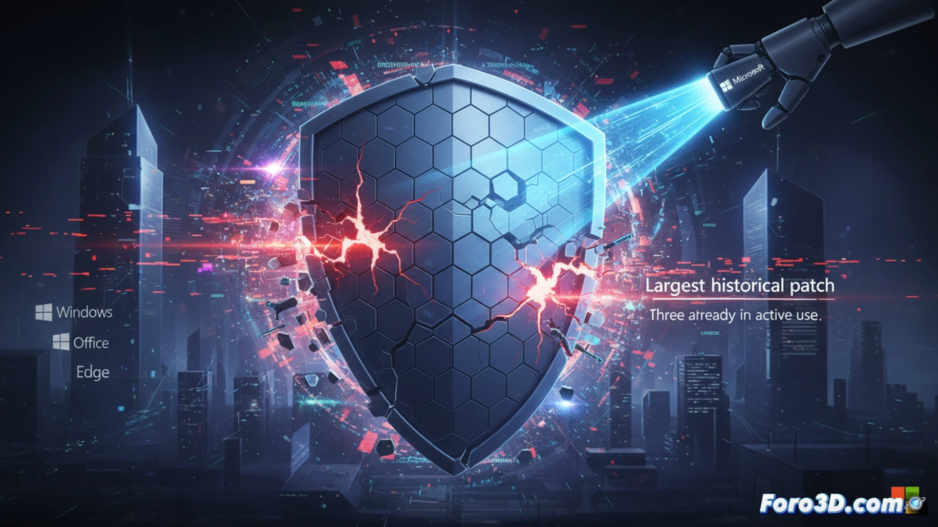 Microsoft Patch Tuesday security update process, server rack with glowing red alert indicators, three highlighted exploit entry points actively being breached on a network diagram, code scrolls on screens while a shield icon fractures over a Windows logo, multiple remote code execution arrows piercing through firewall layers, cinematic technical illustration, dark blue and red cyberpunk lighting, holographic vulnerability map, zero-click attack paths shown as luminous red threads, photorealistic datacenter environment, ultra-detailed motherboard circuitry, dramatic high-contrast visualization