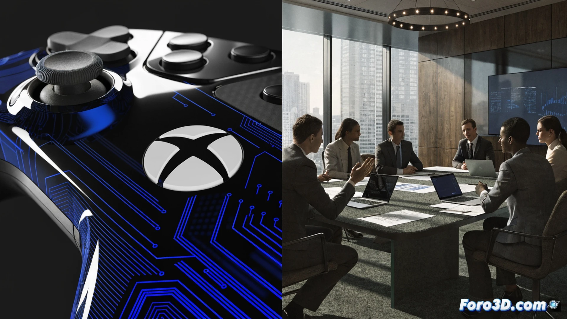 Xbox Series X console being disassembled on a workbench, internal motherboard exposed with green circuit traces, a robotic hand holding a For Sale sign with a dashed red line through the Xbox logo, Halo and Fallout game discs scattered on the floor, cracked glass panel showing a fading green light, technicians in background packing studio equipment into boxes, cinematic engineering visualization, dramatic shadows, cold industrial lighting, photorealistic technical render, metallic surfaces reflecting dim emergency lights
