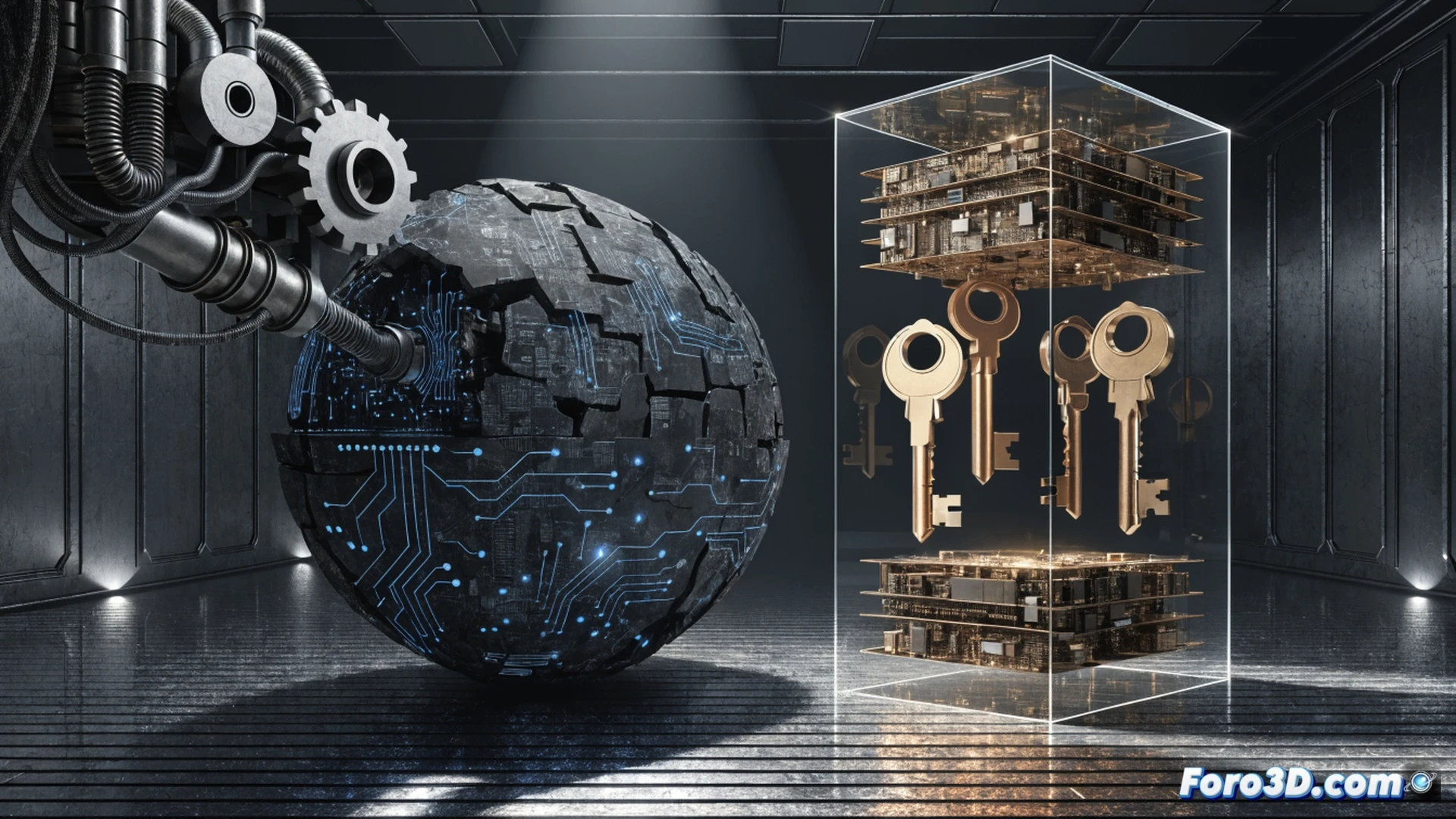 Photorealistic technical illustration of a fortified steel server rack with a transparent glass door, a glowing digital key icon suspended inside a locked cage, while a government hand silhouette reaches through a hidden back panel to grasp a duplicate key, cables and circuit traces forming a chain from the lock to a distant government building silhouette, cinematic lighting with cold blue and amber contrast, ultra-detailed metal textures, subtle warning glow on the encryption chip, engineering visualization style, no text or numbers visible
