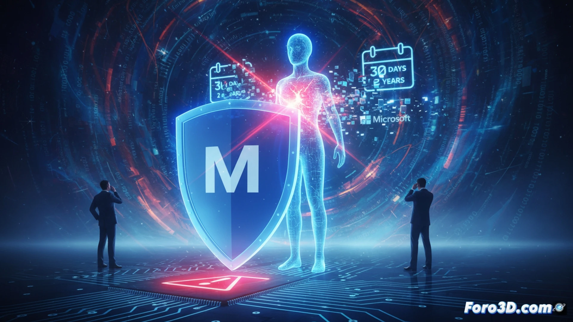 corporate office scene, Microsoft employee using laptop while Claude AI interface shows a warning icon labeled data retention, 30-day countdown timer displayed on screen, digital padlock icons floating above the device, data packets being pulled into a storage cloud labeled Anthropic, security shield cracking in foreground, cinematic photorealistic style, dark blue corporate lighting, holographic data flow lines, glass office reflections, ultra-detailed keyboard and monitor, tense atmosphere