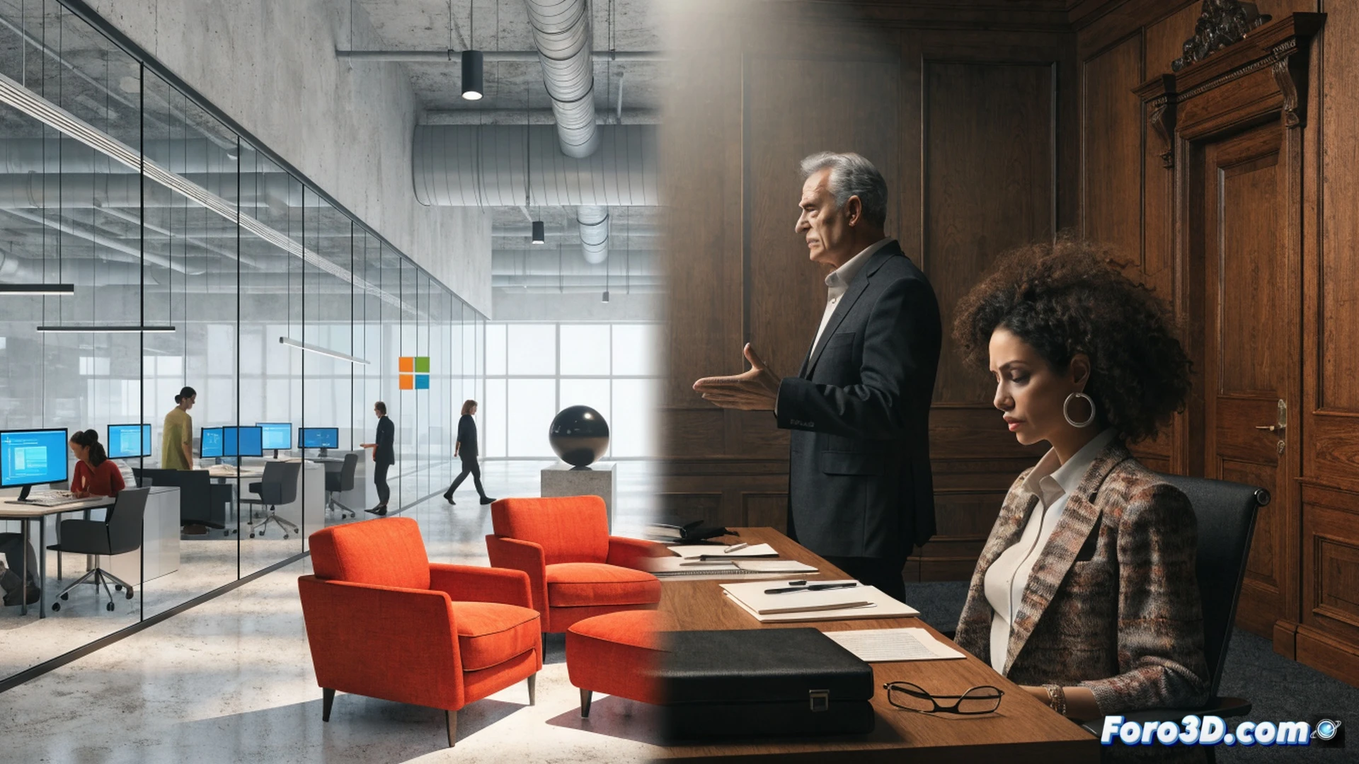 cinematic photorealistic scene inside a modern corporate office, glass-walled meeting room with Microsoft logos on monitors, a diverse group of employees holding protest signs with blank white surfaces, security personnel escorting a worker away from their desk, laptop with code on screen being closed abruptly, scattered HR documents and termination letters on a table, ambient blue LED lighting contrasting with red emergency exit signs, tense facial expressions, realistic skin textures, shallow depth of field focusing on a worker s clenched fist, ultra-detailed office environment, dramatic shadows, high-end corporate interior design, subtle reflections on polished surfaces, cinematic color grading with desaturated tones