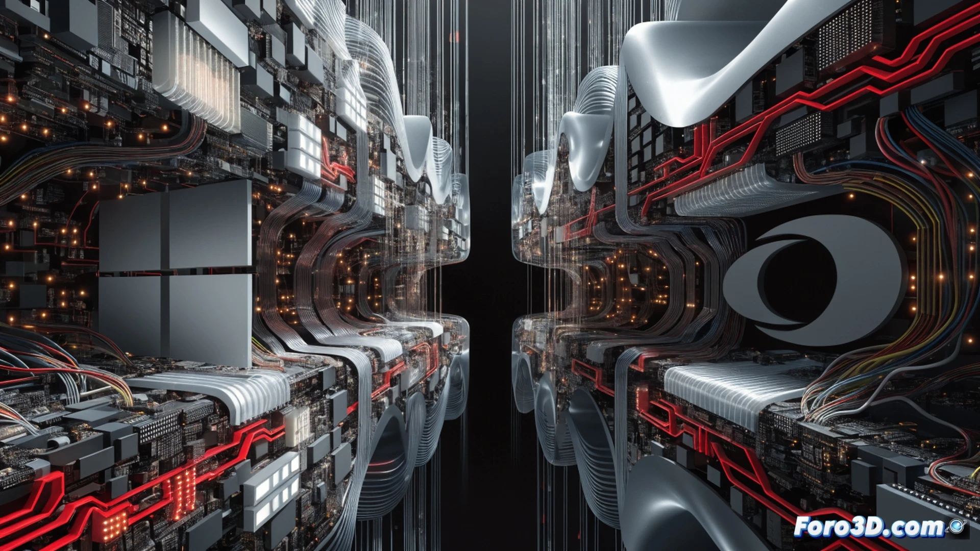 massive cloud server room interior, two robotic arms disconnecting a glowing fiber-optic cable between Microsoft Azure and Oracle Cloud server racks, red warning lights flashing on security panels, holographic firewall barriers cracking mid-air, data streams freezing mid-transfer, broken padlock icons floating above server blades, cinematic engineering visualization, dark blue and neon orange lighting, metallic reflections on server chassis, dust particles illuminated by emergency strobes, photorealistic technical render, ultra-detailed hardware textures, dramatic industrial atmosphere