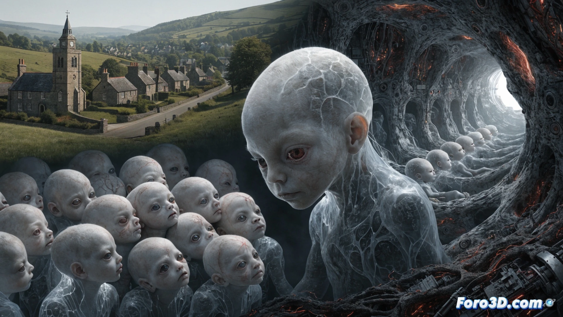 small English village street during a sudden mass collapse, multiple adults lying unconscious on cobblestones, abandoned bicycles and a postbox in background, a pregnant woman standing alone with a distant glowing gaze, faint golden light emanating from her abdomen, cinematic sci-fi horror style, photorealistic rendering, dramatic overcast sky, eerie stillness, subtle alien atmosphere, hyper-detailed textures on stone walls and clothing, volumetric fog creeping along the ground, wide-angle composition emphasizing isolation