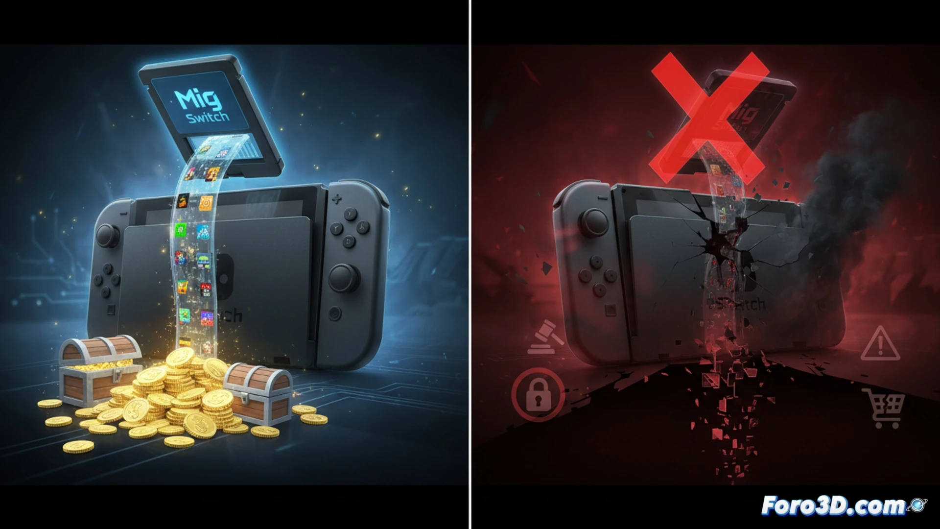 Un Mig Switch conectado a una Nintendo Switch, con tarjeta microSD y fondo de advertencia de baneo, simbolizando el riesgo de perder acceso online y legal.