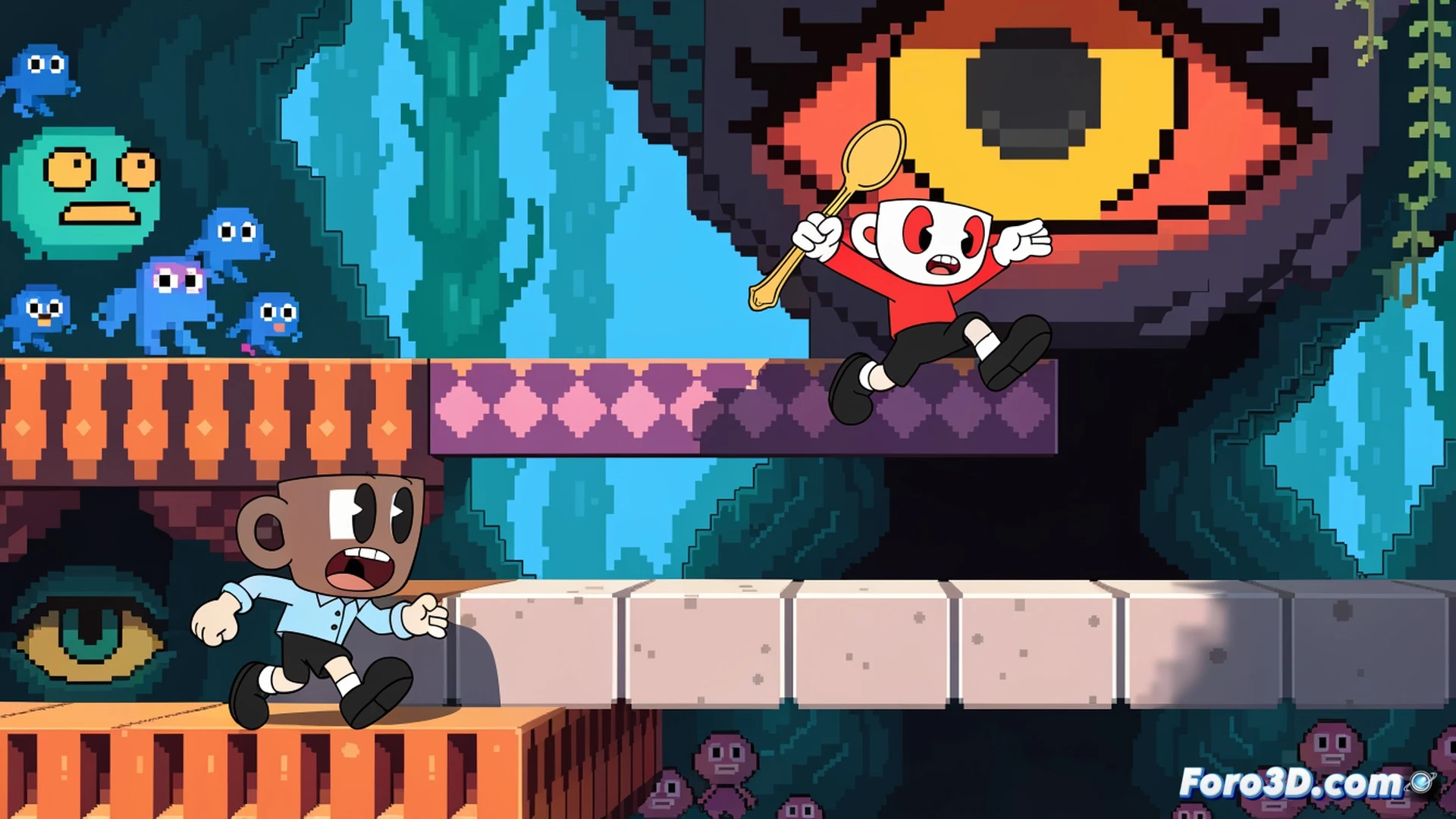 Pixel art sprite sheet de Cuphead en estilo NES, personaje saltando sobre plataforma mientras dispara balas pixeladas, fondo de nivel con árboles y nubes de 8 bits, Unity engine interface parcialmente visible en esquina inferior mostrando animación frame por frame, paleta de colores limitada a 16 colores, partículas cuadradas explotando durante impacto, sombras duras y sin anti-aliasing, grid de píxeles visible al 400% de zoom, cinematic pixel art render, iluminación dramática con destellos de neón verde y rojo, estilo retro técnico detallado