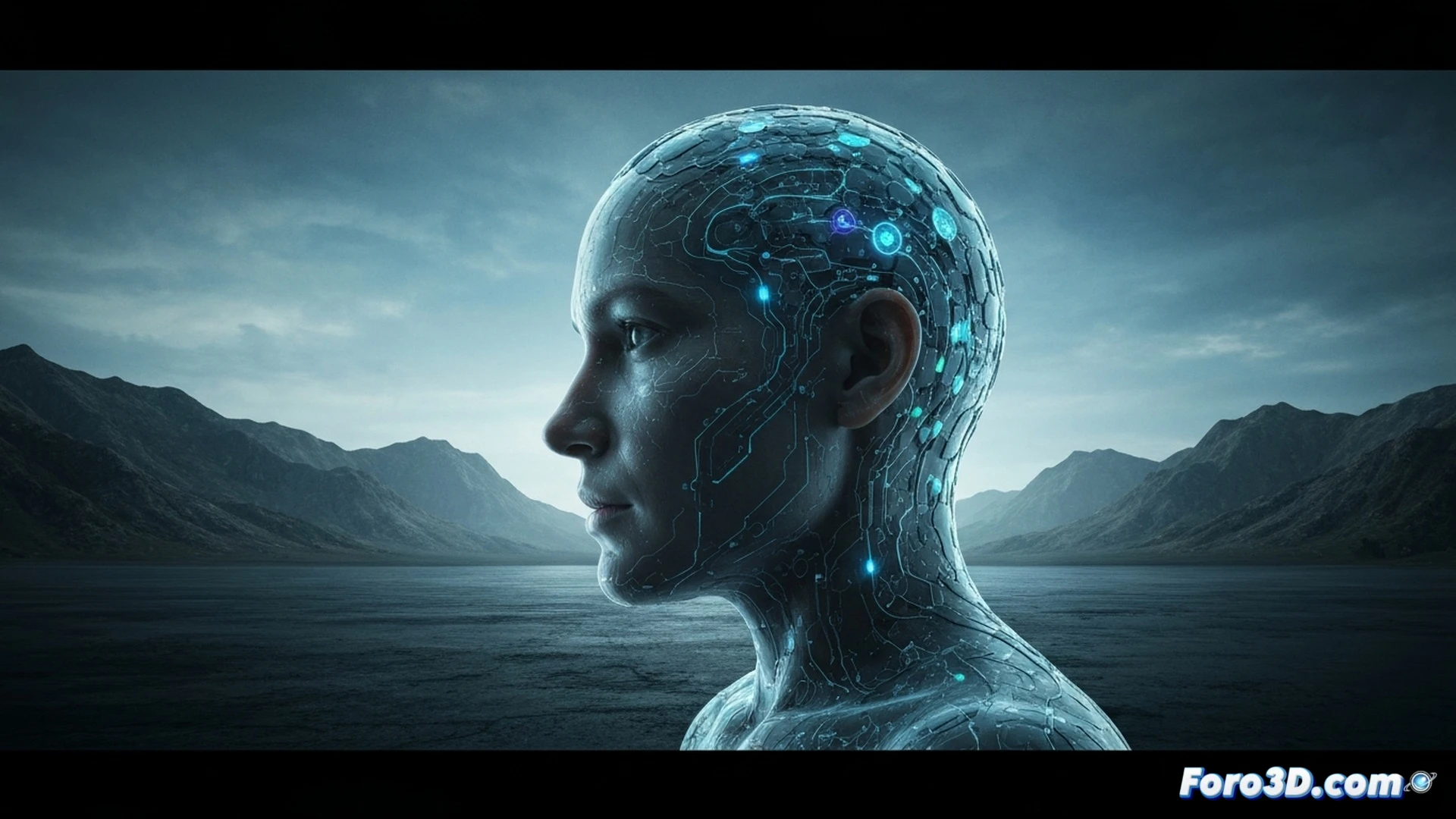 Surgical robot arm positioning a microchip implant onto a translucent human brain model, neural signal pathways glowing in blue and orange along a cortical surface, a digital tablet displaying real-time neural waveform readouts beside the procedure, sterile operating room environment with metallic instruments and fiber-optic cables, photorealistic medical visualization, cinematic lighting with cold blue tones and warm amber highlights, macro lens perspective capturing intricate electrode array details, ultra-sharp focus on the implantation site while background surgical tools fade into soft bokeh, demonstrating the precise moment of neural interface migration from lab to clinical application