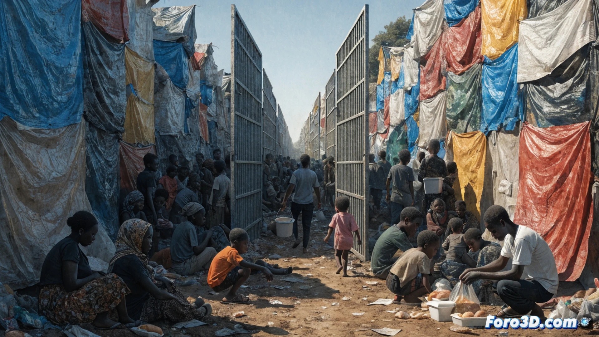 Overcrowded camp near Durban, South Africa, showing a long queue of Malawian families with children under harsh sun, volunteers handing out food parcels while officials inspect documents, tension visible in body language, barbed wire fence and temporary shelters in background, cinematic photorealistic documentary style, harsh midday lighting, dust particles in air, worn clothing and tired faces, detailed crowd scene with realistic textures, emotional storytelling through composition, ultra-detailed environmental render