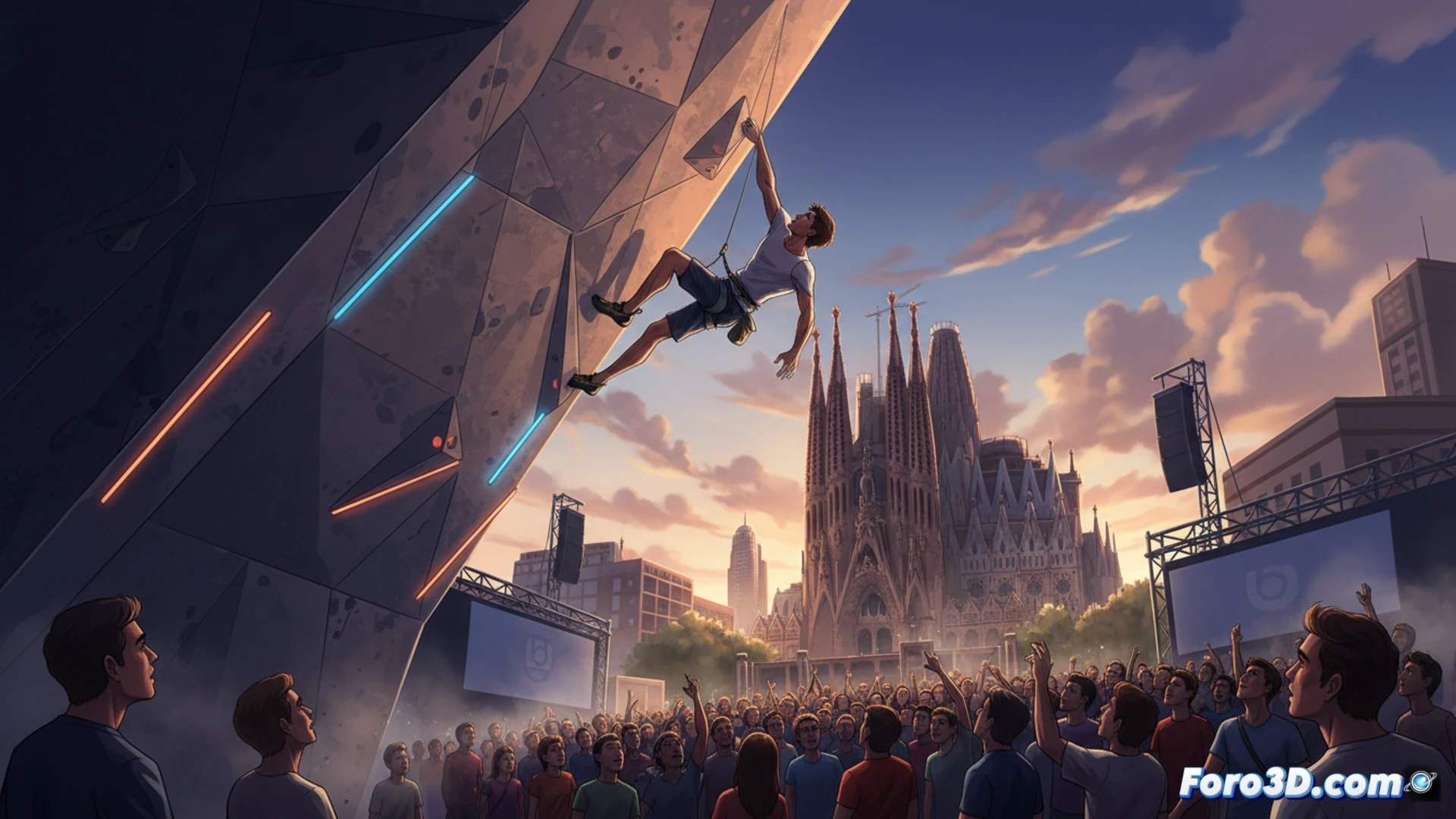 photorealistic technical illustration of a speed climber mid-ascent on a 15-meter vertical wall, dynamic body motion with limbs reaching for holds, climbing shoes pressing textured holds, chalk particles floating in air, LED timer display showing 5 seconds, climbing harness and quickdraws visible, dramatic side lighting casting long shadows, motion blur on hands and feet, intense facial expression, high-contrast industrial background, ultra-detailed grip textures, cinematic sports action shot