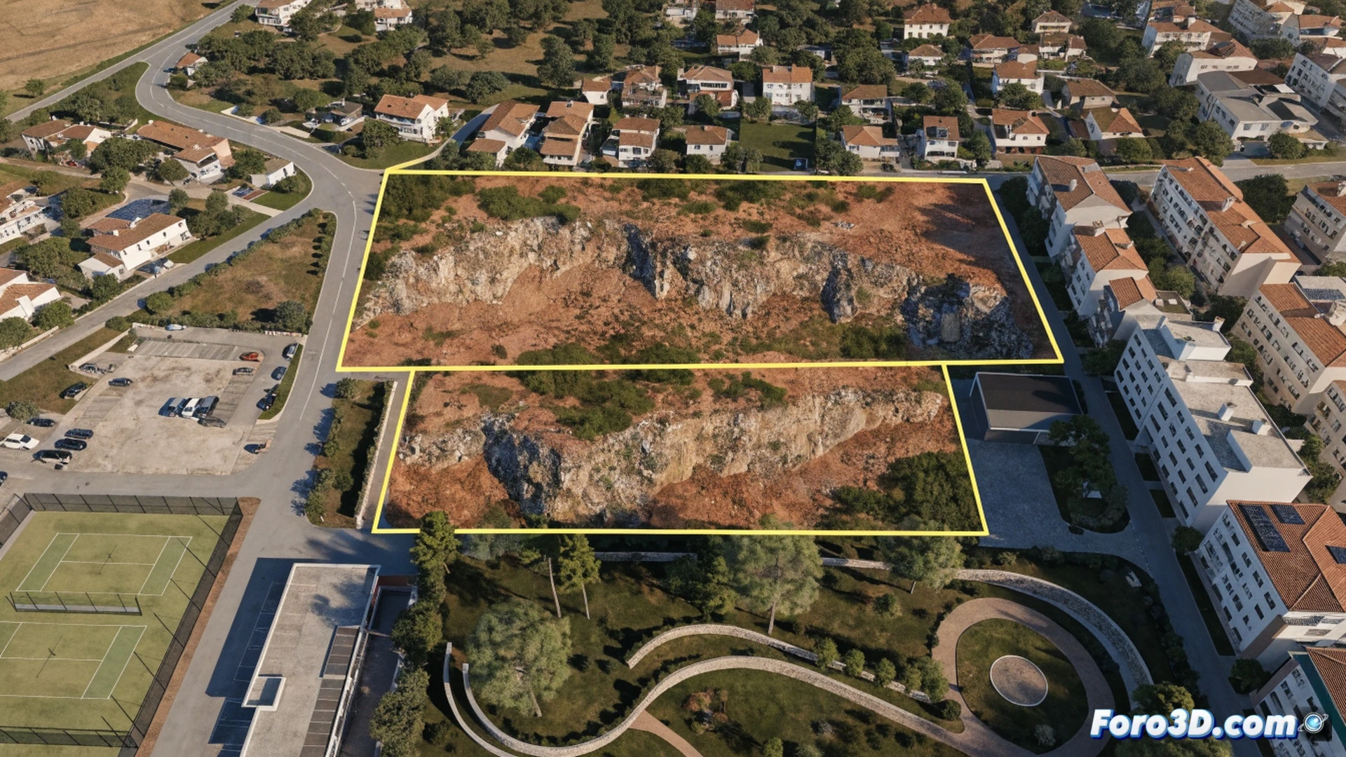 Aerial view of two empty rectangular school plots being prepared for construction, yellow bulldozer moving earth beside a fenced botanical garden, surveyor in orange vest marking ground with red flags, blueprints unrolled on portable table under shade, neighbouring CEIP Jardín Botánico classrooms visible in background, photorealistic architectural visualization, bright Mediterranean sunlight casting sharp shadows, construction vehicles demonstrating site preparation, detailed soil textures and vegetation, wide-angle cinematic perspective