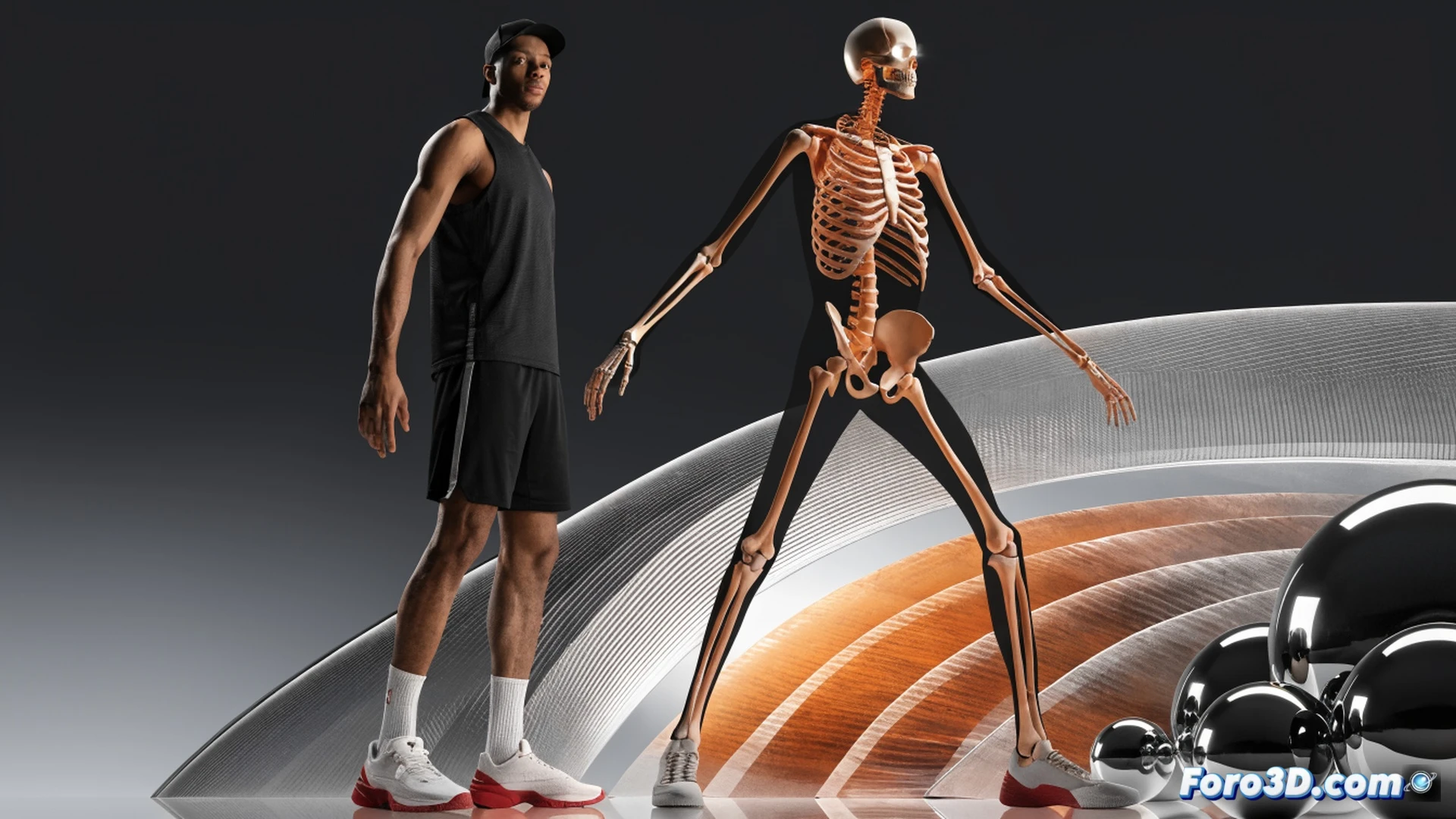 Basketball player Mikal Bridges mid-stride on court, translucent 3D skeletal overlay revealing elongated femur bones and wide shoulder span, glowing blue biomechanical lines tracing his 2.18-meter wingspan while defensive footwork diagrams float around him, motion capture markers on joints showing efficient energy transfer from hip to ankle, basketball hoop in background with defensive zone highlighted, photorealistic sports science visualization, cinematic arena lighting with cool blue and amber tones, ultra-detailed muscle and bone structure, technical engineering illustration style