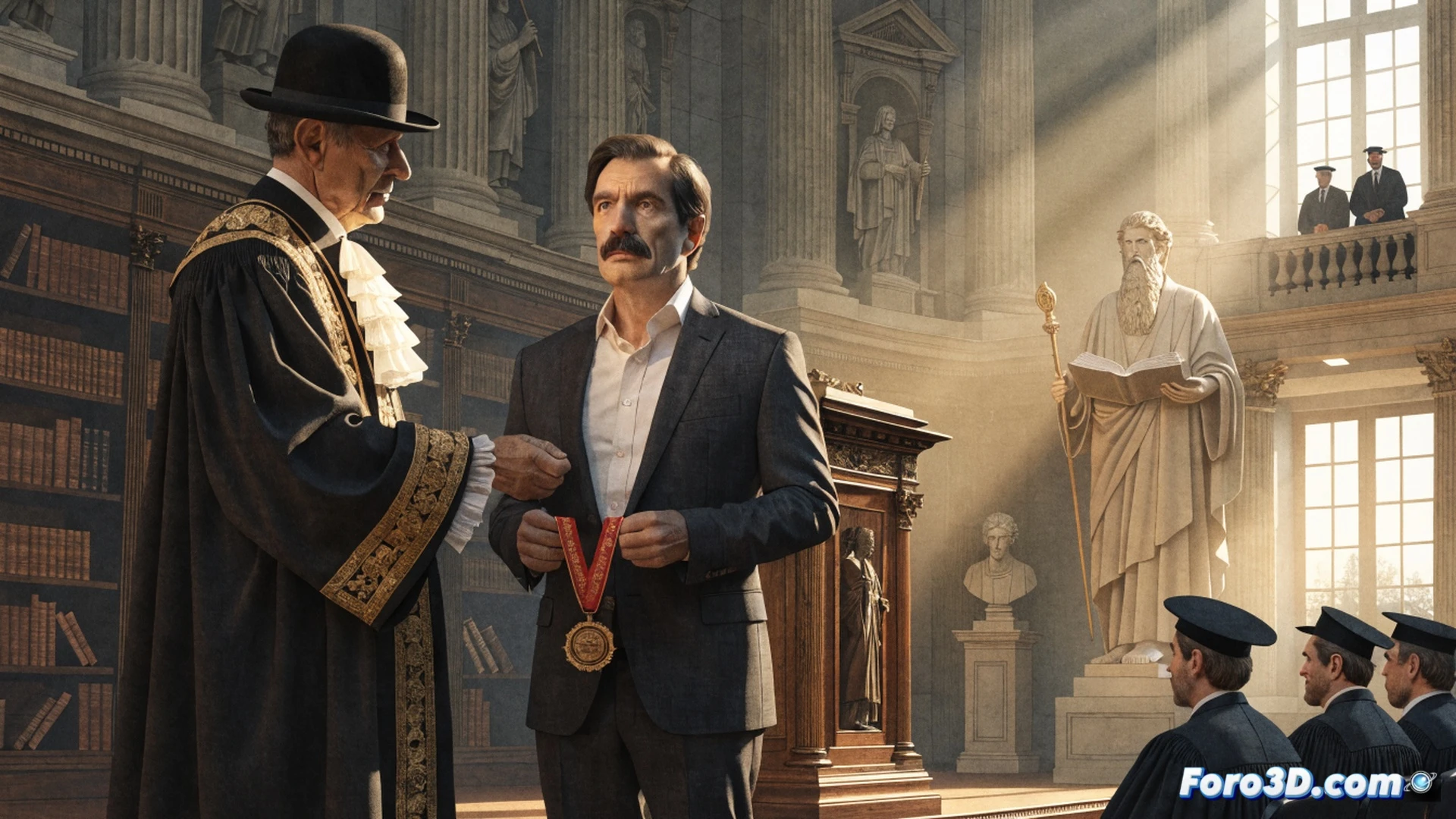 Javier Milei receiving a gold medal from a university official on a formal stage in Madrid, while holding a microphone and gesturing with his other hand, a large digital screen behind him displaying a graph of public spending with a sharp downward arrow, economic charts and financial data projected on the screen, an audience of suited politicians and academics watching, photorealistic cinematic style, dramatic stage lighting, polished wooden podium, Spanish flag and university emblem visible on the stage backdrop, ultra-detailed textures, professional event photography aesthetic