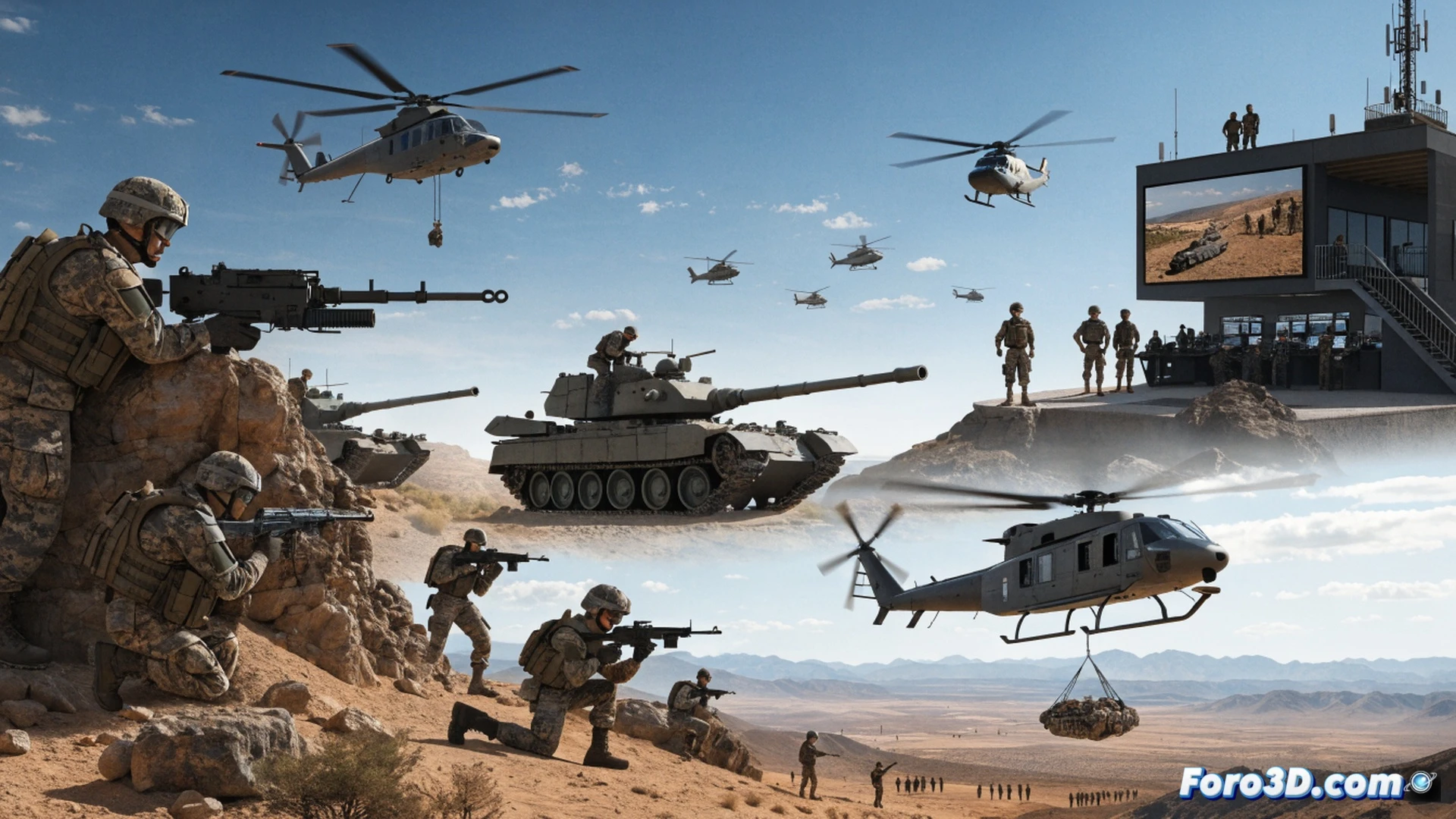 European military exercise scene at Zaragoza base, 2500 soldiers in desert camouflage moving across arid terrain, Leopard 2 tanks advancing with dust clouds, NH90 helicopters hovering low during troop deployment, command center with tactical maps and radio equipment, soldiers securing a simulated African village with concrete barriers, cinematic photorealistic style, dramatic sunset lighting, smoke and dust particles in air, realistic military vehicles and gear, wide-angle action shot showing coordinated assault, ultra-detailed tactical equipment and uniforms, dynamic motion blur on helicopter rotors