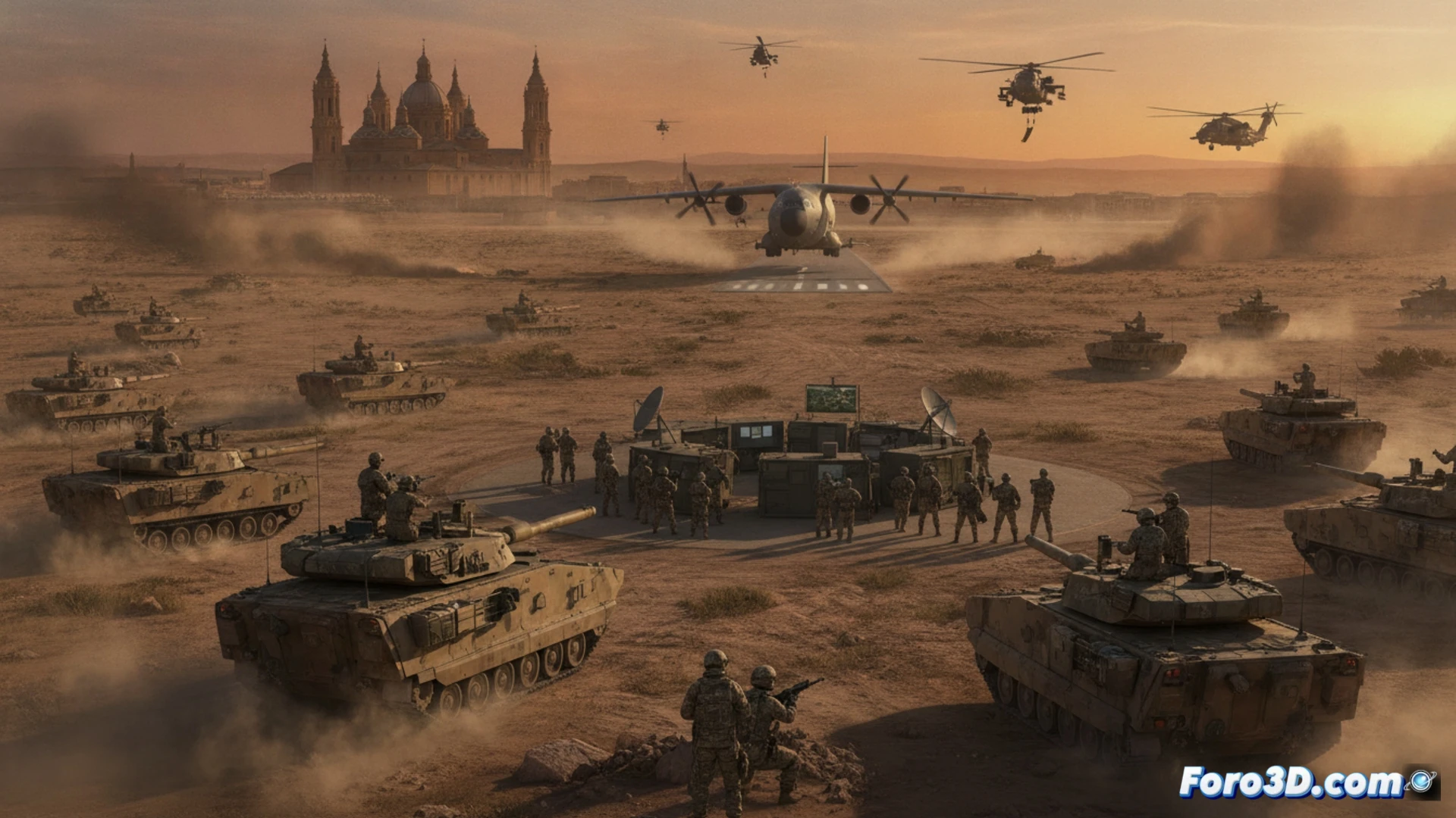 Military exercise scene at Zaragoza airbase, rapid deployment of European troops from transport aircraft, soldiers unloading armored vehicles from heavy cargo planes, tactical command center with holographic maps and digital screens, logistics operators coordinating equipment movement, military trucks forming convoy lines on runway, helicopters hovering overhead, desert camouflage uniforms, sunset golden hour lighting, dust particles in air, photorealistic cinematic technical illustration, high detail military hardware, dynamic action composition, wide-angle lens effect