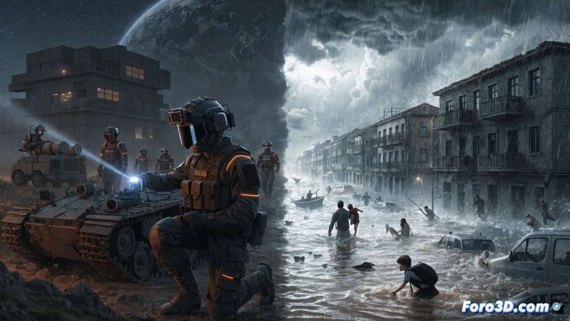 Two EU soldiers in full combat gear standing idle in a misty forest, holding digital tablets showing a hypothetical crisis map, while behind them a collapsed bridge and flooded village with civilians stranded on rooftops, rescue boats stuck in mud, no coordination visible, cinematic photorealistic technical illustration, dramatic overcast sky, cold blue lighting, muddy water textures, broken concrete debris, contrast between high-tech military equipment and neglected disaster response tools, ultra-detailed environmental render