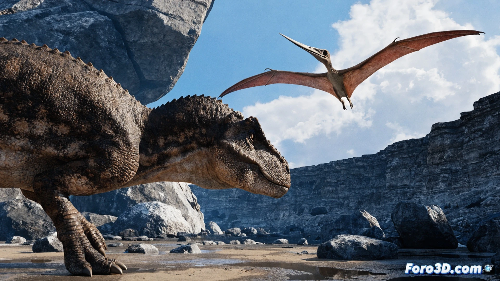 Prehistoric dinosaur skeleton being digitally reconstructed inside Houdini software interface, glowing wireframe bones assembling in mid-air while Unreal Engine landscape renders a volcanic eruption in background, particle systems simulating ash and debris falling onto ancient terrain, cinematic technical visualization, dramatic orange and black lighting, motion blur on collapsing cliffs, photorealistic engineering render, hyperdetailed bone textures, glowing simulation nodes floating around the scene, showing real-time VFX process