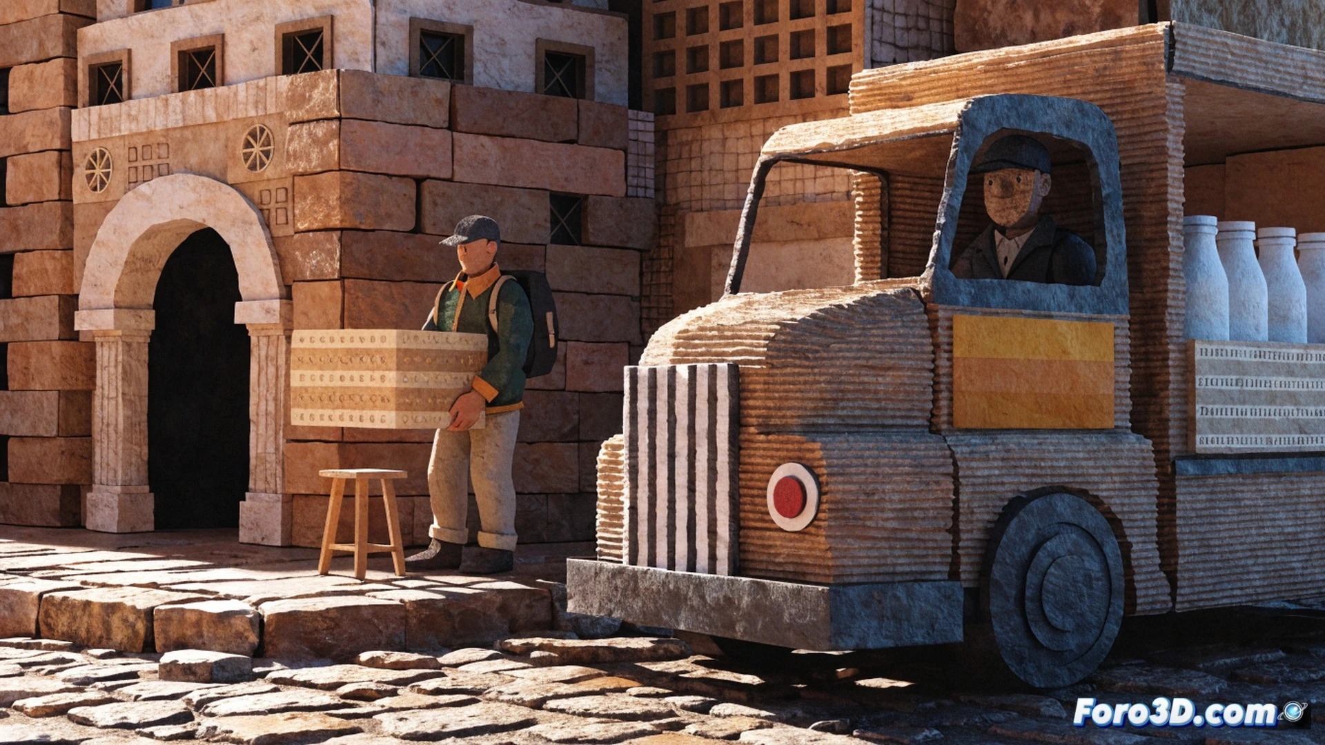 A cozy diorama-style scene showing a miniature cardboard milk truck delivering glass bottles to a tiny house, while a Blender interface window floats above displaying the 3D model being UV-unwrapped, with Adobe Illustrator vector panels visible on a tablet nearby, all crafted from corrugated cardboard and matte carton textures, warm amber lighting casting soft shadows, wooden table surface beneath, technical visualization of game development tools in use, cinematic cozy render, detailed paper folds and glue joints visible, demonstrating the artisanal workflow during asset creation