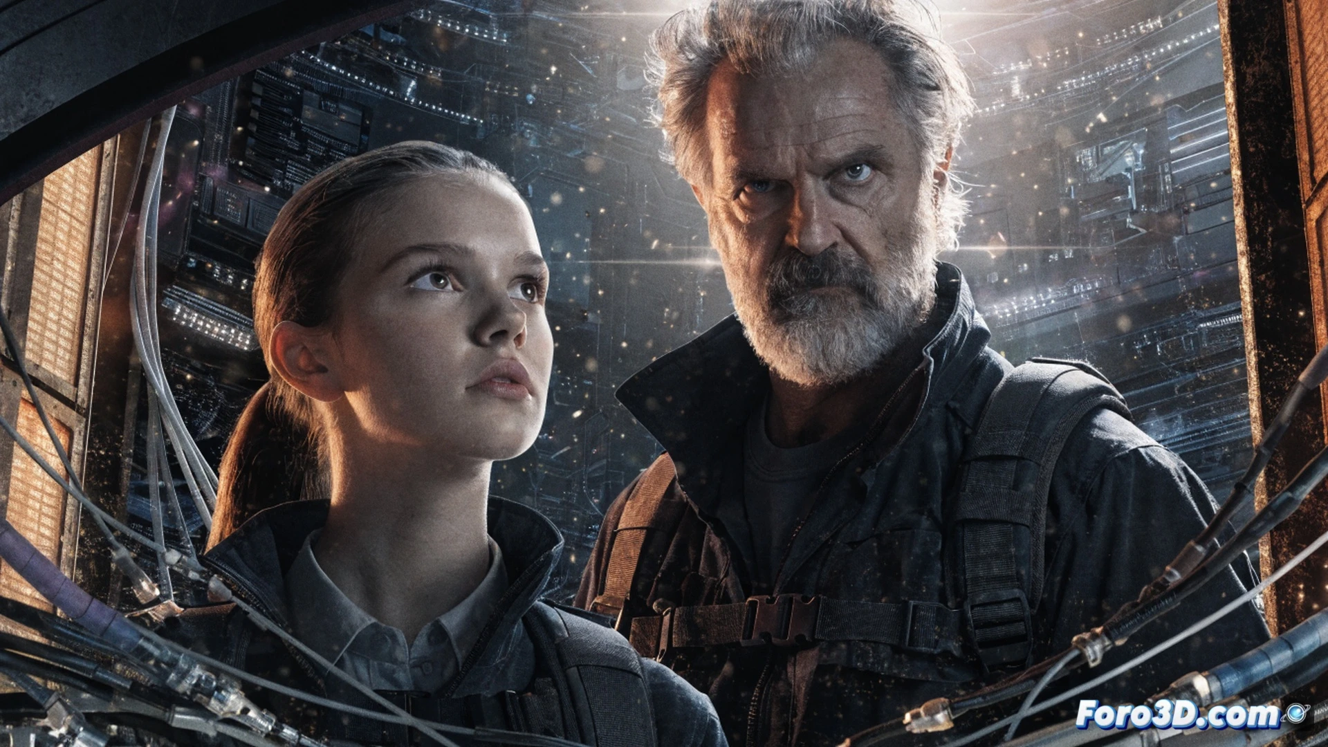 A dimly lit surveillance room, a middle-aged ex-FBI agent intensely studies multiple holographic screens showing a young woman s face and European city maps, while his daughter stands behind him, her silhouette half-hidden, both wearing tactical gear, cinematic espionage thriller style, photorealistic digital render, dramatic low-key lighting with blue monitor glow, scattered encrypted documents and a silenced pistol on the metal desk, tension visible in their posture during a mission briefing, ultra-detailed textures on leather jackets and electronic equipment