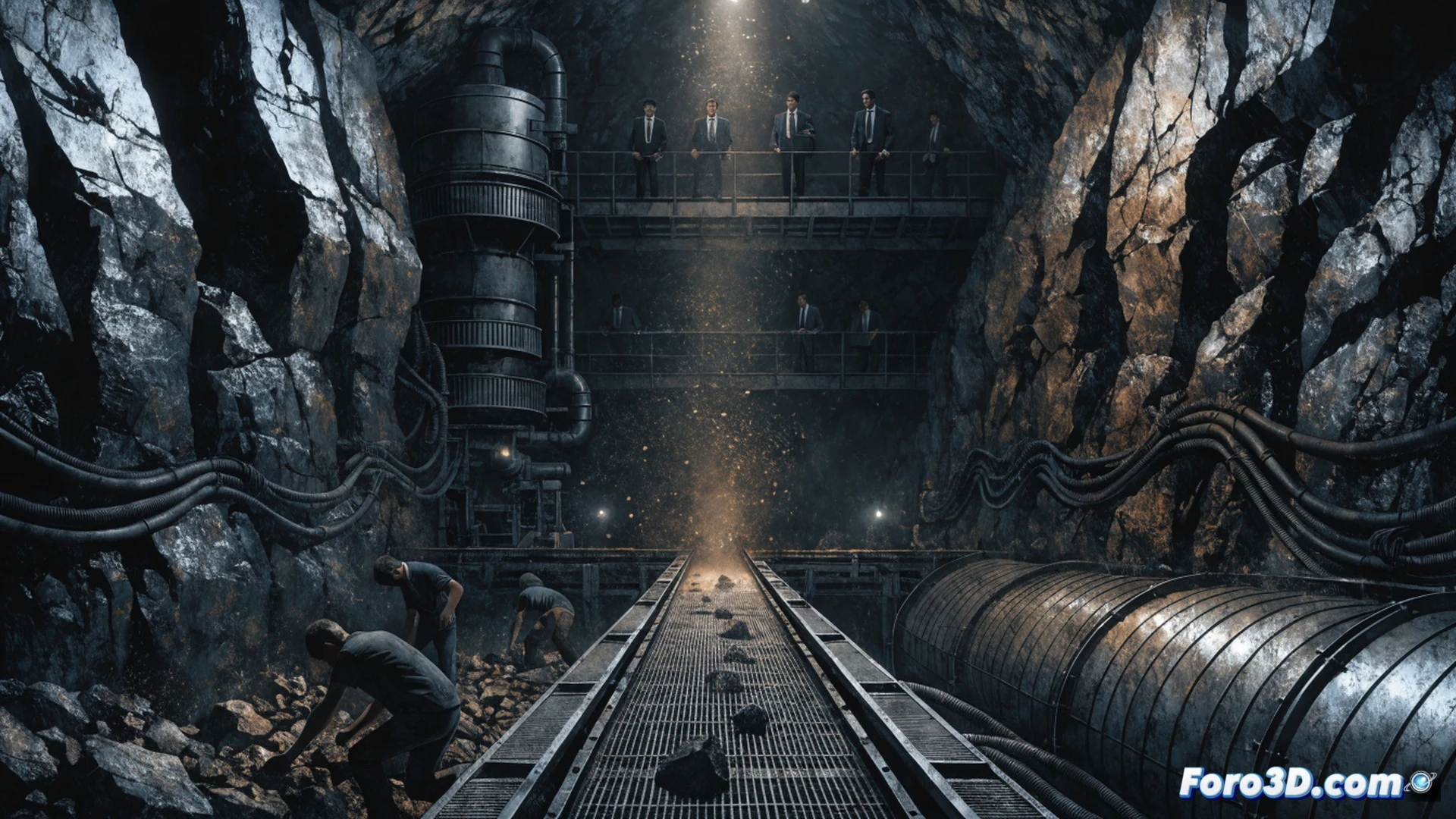 underground mining tunnel scene, two rough hands gripping a rusty drill machine with missing safety guard, cracked hard hat lying on the ground nearby, exposed electrical cables hanging from the ceiling, dust particles floating in dim artificial light, a safety inspection form pinned to a wooden post with official signatures but clearly ignored, contrast between a distant clean office window showing executives in suits and the immediate hazardous work zone, dramatic chiaroscuro lighting, gritty photorealistic texture on rock walls and machinery, cinematic documentary style, wide angle lens emphasizing depth, technical industrial visualization