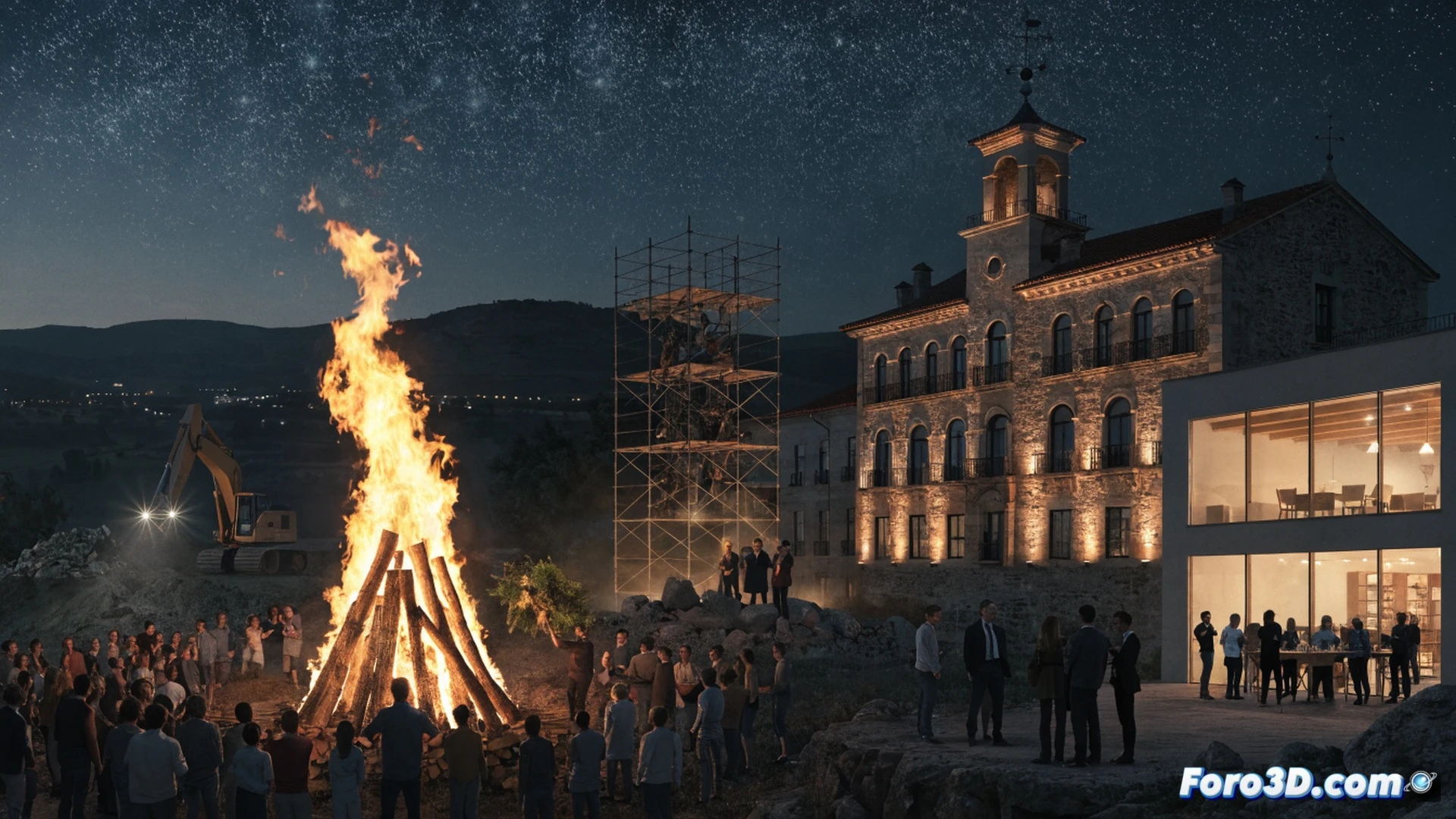 traditional mining village celebration scene, villagers gathered around a stone fountain decorated with fresh flowers, an engineer in safety vest reviewing blueprints on a tablet while pointing at a restored mining cart, children playing near old iron machinery, a document signing ceremony at a wooden table with LEADER program logo visible, photorealistic technical illustration, warm golden hour lighting casting long shadows, dust particles floating in sunbeams, mechanical winch and gears in background, dry stone walls and slate roofs, realistic texture on aged metal surfaces, cinematic depth of field