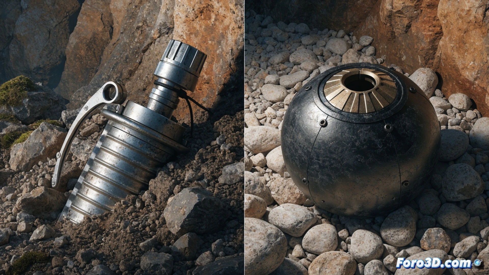 campo de cultivo abandonado con mina terrestre parcialmente enterrada entre maleza seca, detector de metales en manos de un desminador con casco protector y visor, señal de peligro roja y blanca al fondo, equipo de desactivación sobre el suelo, sol rasante creando sombras alargadas, polvo suspendido en el aire, estilo cinematográfico fotorrealista, iluminación dramática de atardecer, texturas de tierra agrietada y vegetación marchita, atmósfera opresiva de peligro silencioso, ultra detallado