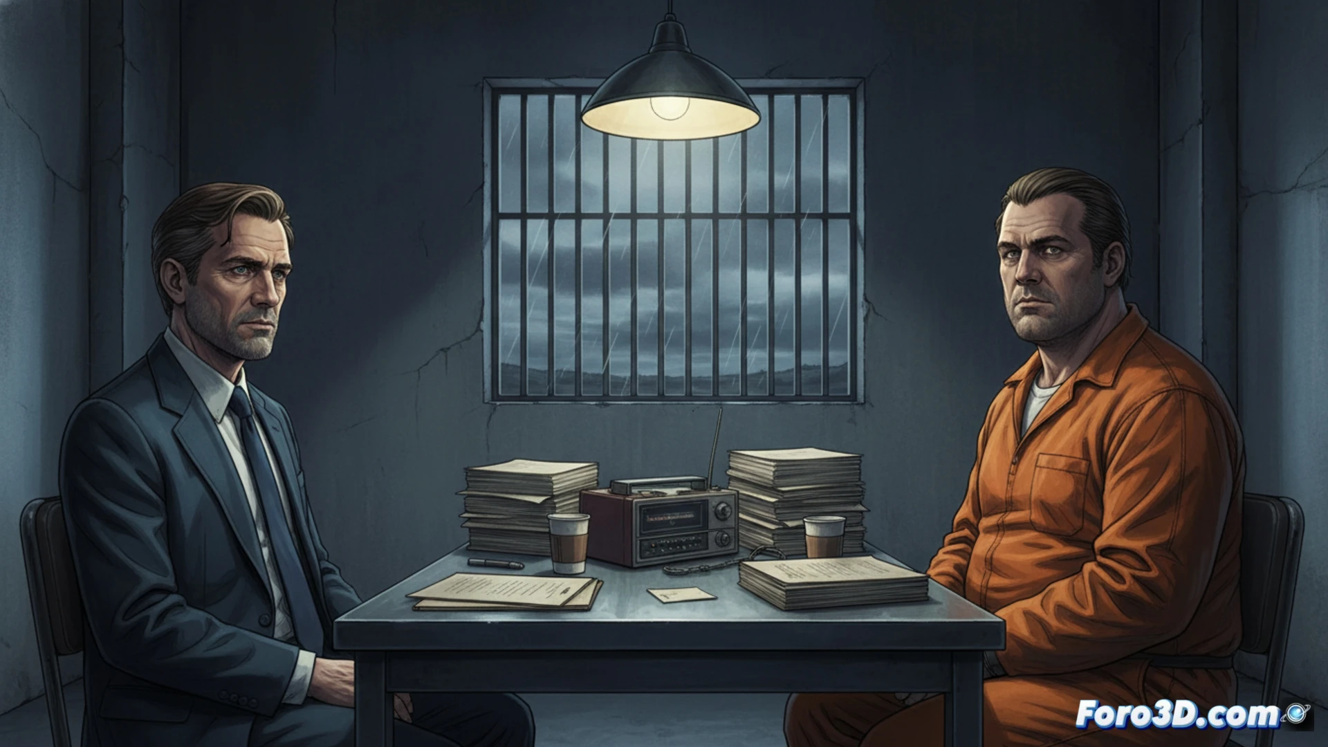 FBI interrogation room scene, two agents facing a seated serial killer behind a table, one agent leaning forward while demonstrating a psychological profile on a tablet, the other agent taking notes, harsh overhead fluorescent lighting casting deep shadows, vintage 1970s recording equipment visible, reel-to-reel tape recorder on the table, tension visible in the killer’s clenched hands, cinematic thriller composition, dark muted color palette, photorealistic style, dust motes in cold light, extreme detail on period clothing and facial expressions