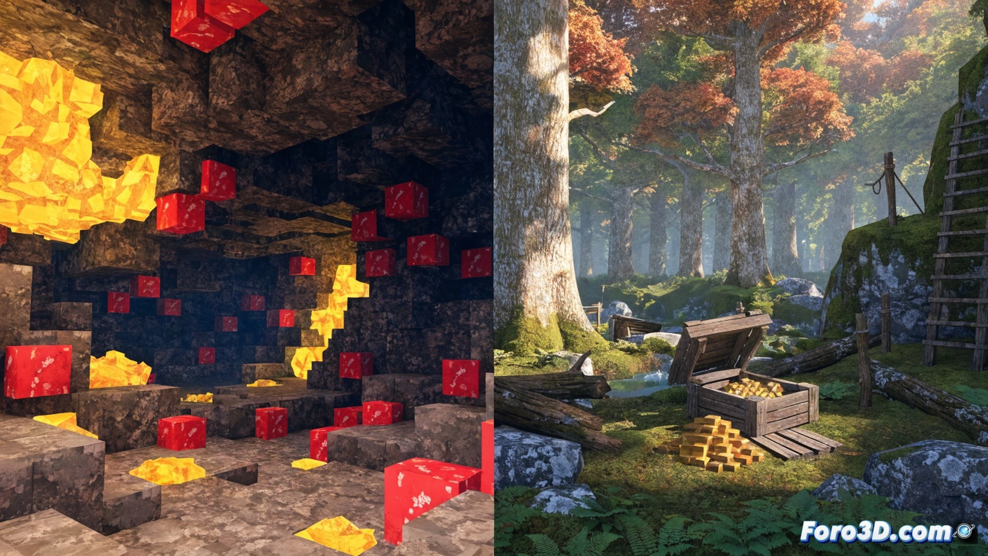 Minecraft blocky character holding a red and yellow sulfur block while standing inside a dark cave with glowing sulfur crystals, a pickaxe resting on the ground nearby, autumn leaves floating down from a crack above revealing a glimpse of the Spotted Forest with orange trees and an abandoned camp tent, cinematic game engine visualization, dramatic lighting from the cave opening and crystal glow, realistic block textures, depth of field, action of discovering new biomes, technical illustration style showing game elements in a single scene