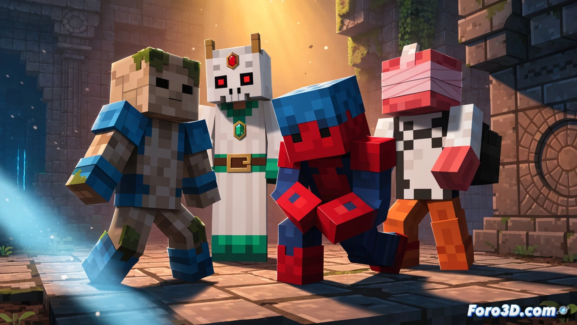 four cartoon adventurers in colorful pixelated armor charging through a mossy dungeon corridor, one swings a glowing blue sword at a green slime, another fires a crossbow from behind a cracked stone pillar, a third raises a shield while a floating chest sparkles with loot particles nearby, stylized diorama lighting with warm golden rays filtering through ceiling cracks, chunky low-poly environment with visible block edges and vibrant grass patches, action frozen mid-swing showing motion blur on the sword arc, cute exaggerated expressions on characters faces, cozy cooperative gameplay atmosphere, isometric dungeon crawler perspective, vibrant saturated color palette, clean cel-shaded rendering, technical illustration style with exploded view of gear drops floating in air
