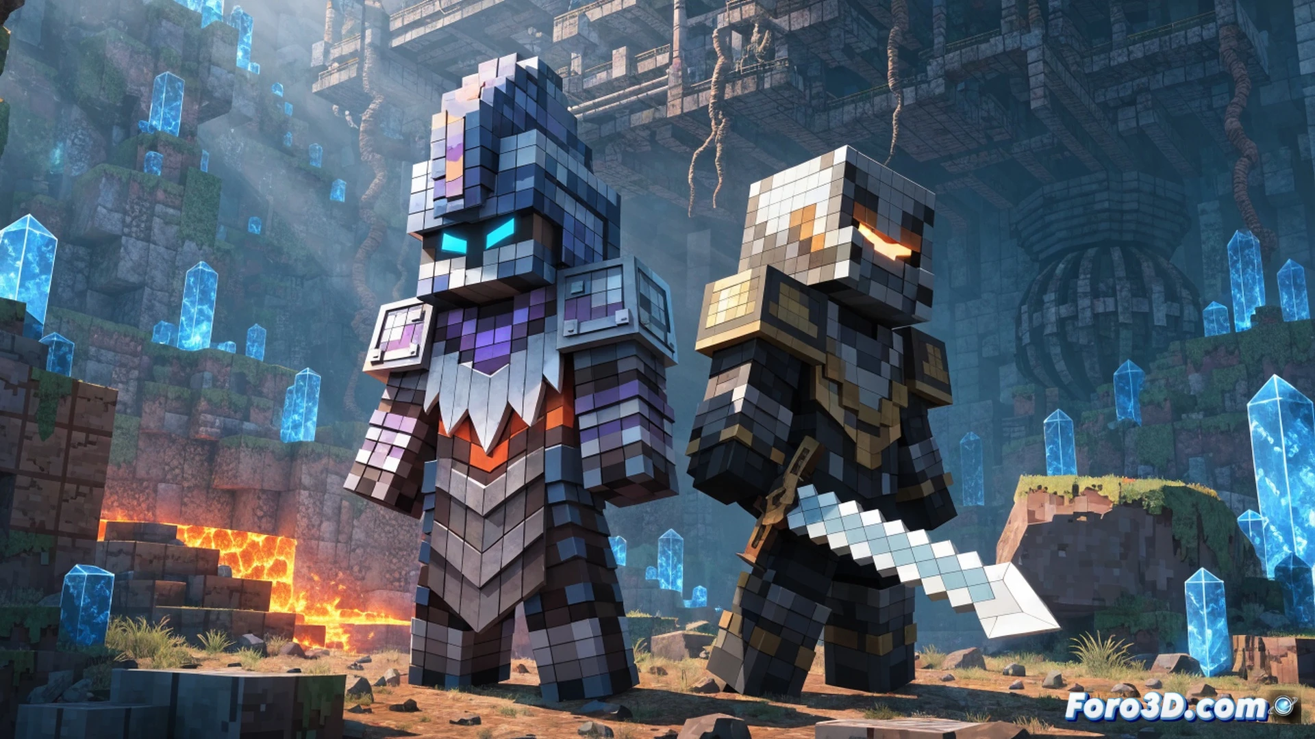 Minecraft blocky character equipping four armor pieces on head arms legs torso in an interconnecting open world, glowing loot with four rarity tiers dropping from a defeated mob, action scene during combat with sword and shield, cinematic game art visualization, pixelated textures blending with modern lighting, dynamic pose, particles of debris and enchantment sparkles, dramatic sunset sky, detailed environment with trees and stone ruins, ultra-sharp fantasy render