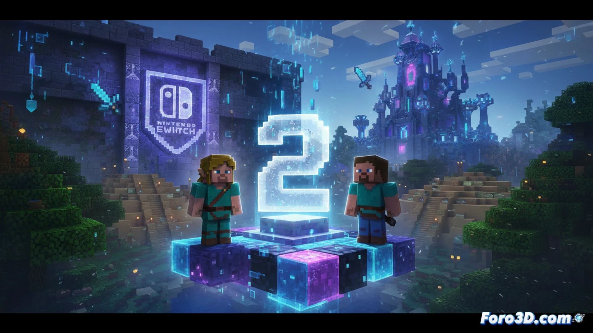 Vista de un mundo de Minecraft en una Nintendo Switch 2 con gráficos mejorados y fondo borroso.