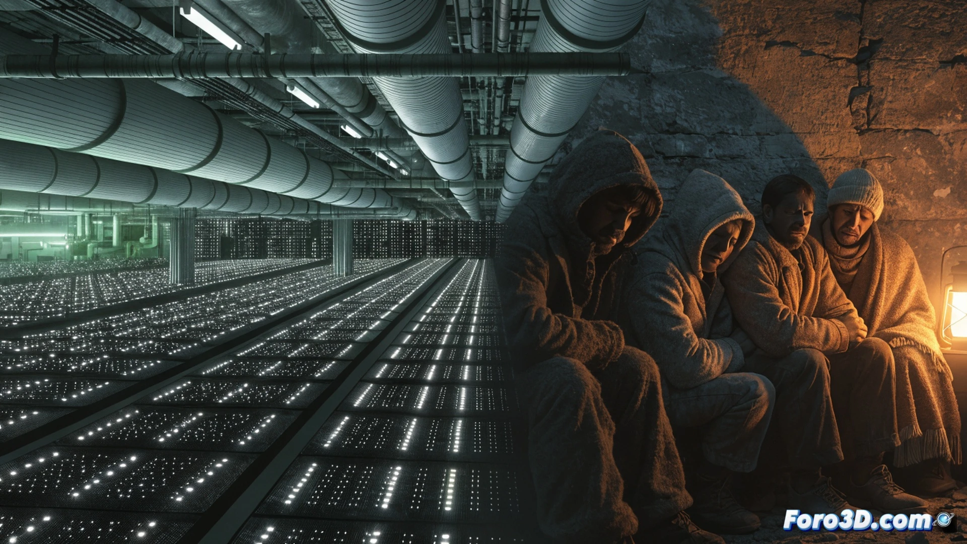 photorealistic technical illustration, split scene showing two contrasting realities, left side: residential neighborhood with blacked-out houses and dim streetlights, a single flickering bulb in a window, right side: massive industrial mining facility with rows of glowing ASIC miners, cooling fans spinning, green energy certificates floating in the air like confetti while a digital dashboard displays energy consumption graph soaring upward, a transparent electrical cable visibly connecting the facility to the dark homes, dramatic cinematic lighting, cold blue tones on homes versus warm orange glow on mining rigs, ultra-detailed hardware components, realistic dust particles, photorealistic engineering visualization