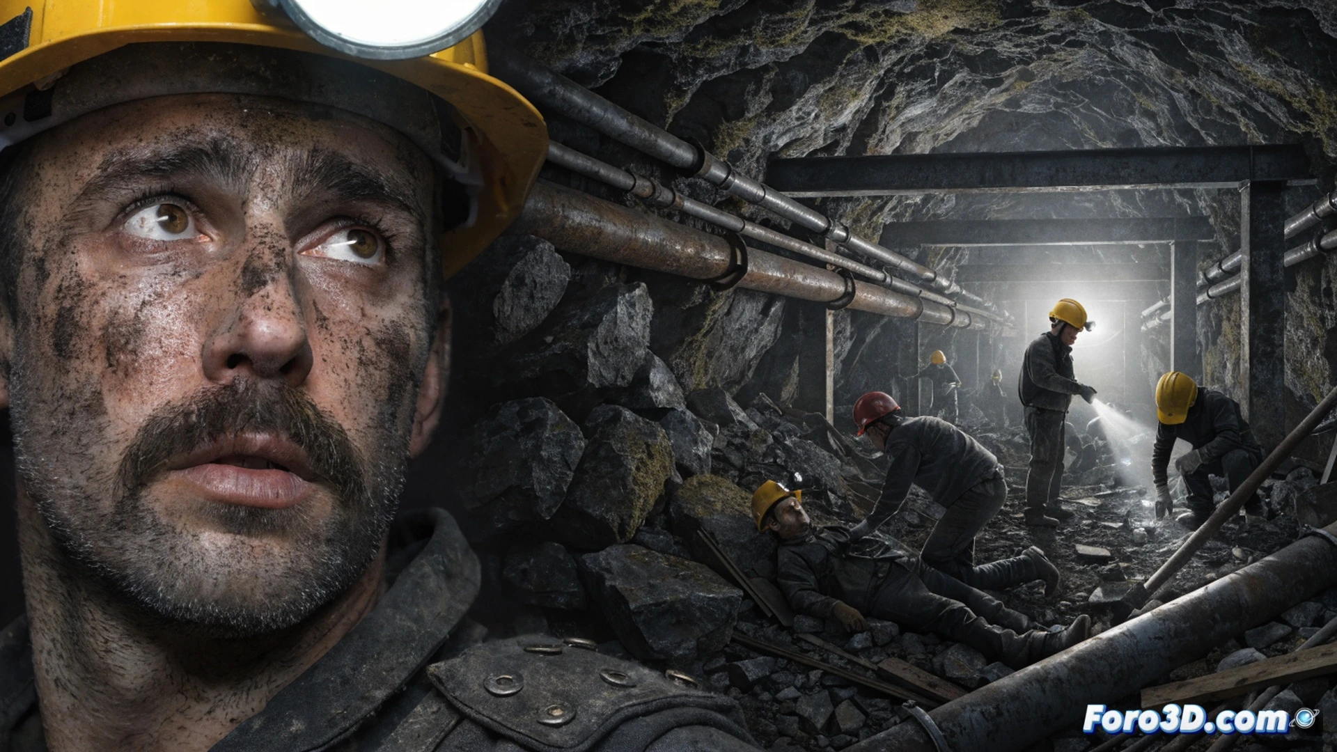 Underground mine tunnel with cracked support beams and exposed wiring, a miner in worn gear pointing at a missing ventilation grate while another worker holds a faulty gas detector showing red warning lights, dust particles suspended in dim emergency lighting, loose rock fragments on the ground near a collapsed safety barrier, cinematic photorealistic engineering visualization, dramatic chiaroscuro lighting, gritty industrial textures, hyper-detailed mining equipment and structural decay, tense atmosphere emphasizing neglected safety protocols
