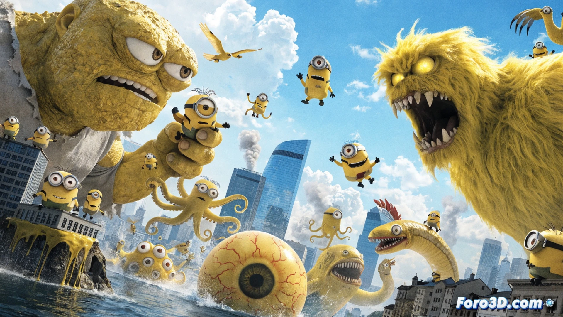 Three minions frantically operating a retro control panel with glowing buttons and levers, accidentally releasing a horde of cartoonish monsters from a cracked containment tube, sparks flying from overloaded circuits, chaotic energy beams crisscrossing the lab, minions slipping on spilled oil while holding a wrench and a tablet showing error codes, cinematic family comedy style, bright yellow and purple color palette, dynamic action poses, exaggerated expressions, polished 3D render, soft summer lighting, background showing a city skyline through a shattered window, photorealistic animation visual