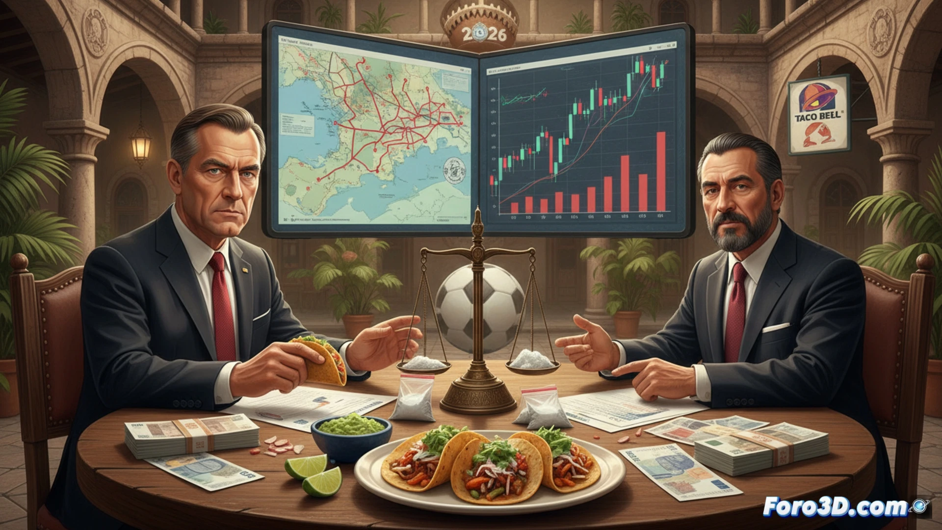 German minister Johann Wadephul shaking hands with Mexican official at a modern negotiation table, digital holographic graphs showing drug trade routes and economic data floating above the table, Taco Bell logo subtly reflected in a coffee mug, while a taco is being assembled by a chef in the background, cinematic photorealistic style, bright conference room with glass walls, green plants, and blue sky visible through windows, dramatic lighting emphasizing the handshake and holographic data, ultra-detailed textures on suits and electronics, high-end technical visualization