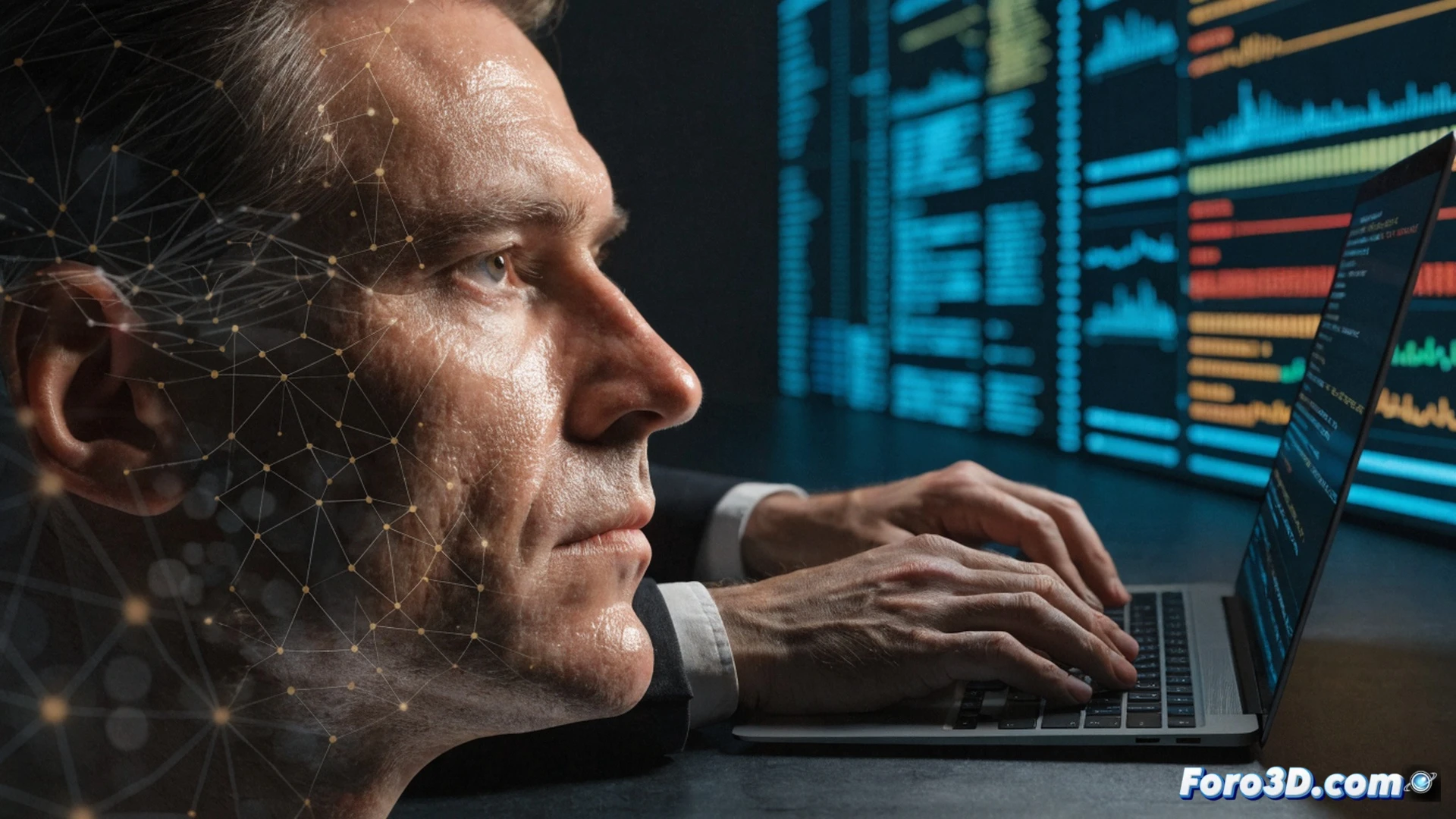 photorealistic scene of a modern German government office, a male minister in a suit sits at a sleek desk while his hand hovers over a keyboard, a laptop screen displays ChatGPT interface with a paragraph being generated, a large monitor on the wall shows a newspaper article with a 99.3 percent AI detection score, a robotic pen lies on the desk next to a stack of official documents, dramatic overhead lighting creates sharp shadows, cinematic technical illustration style, hyper-detailed textures on the keyboard keys and screen pixels, subtle glow from the monitor highlighting the minister s contemplative expression