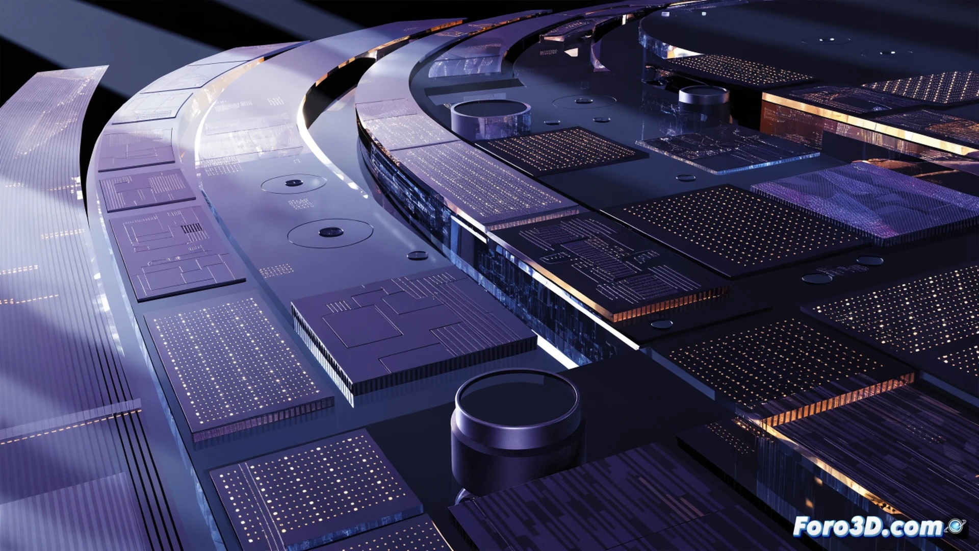 futuristic Linux desktop environment with translucent windows showing blur effects, monitor emitting warm amber light simulating night mode, cursor dragging an image file between folders, dark sleek interface with glassmorphism panels, cinematic technical illustration, blue and orange neon accents, glowing keyboard backlight, smooth reflections on polished desk surface, photorealistic engineering visualization, no text or logos visible