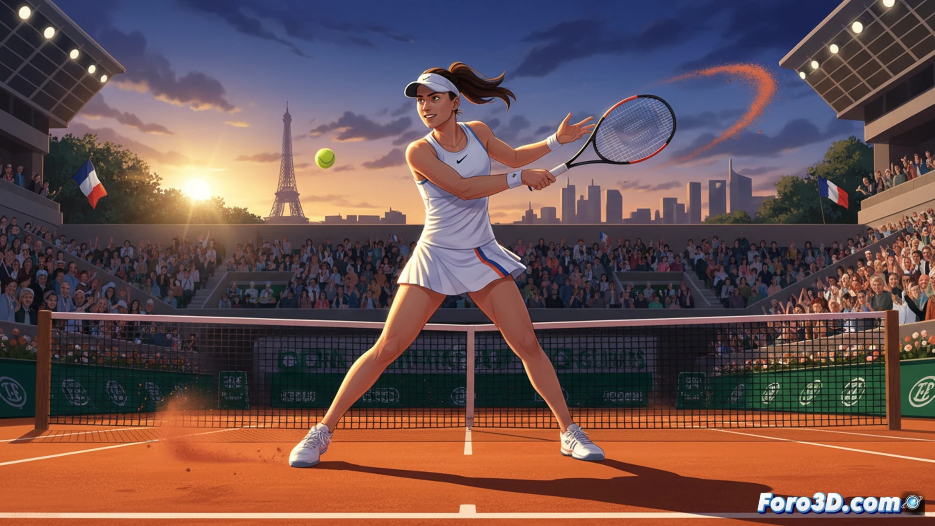 young female tennis player hitting a powerful forehand on red clay court, ball mid-air with visible spin and compression, racket strings vibrating from impact, clay particles spraying up from her sliding foot, Roland Garros stadium background with empty stands and net shadow, cinematic sports photography style, dynamic motion blur on racket and ball, sweat droplets frozen in action, dramatic golden hour lighting, photorealistic technical render, high-speed shutter effect capturing precise moment of impact
