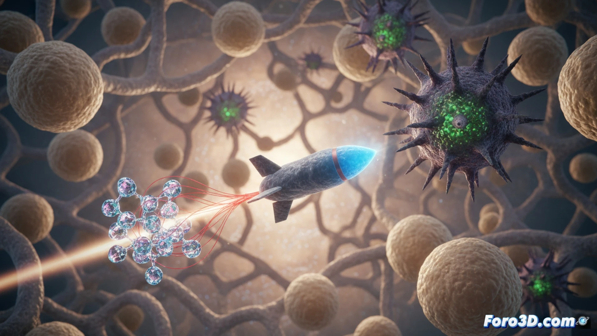 Mirvetuximab antibody-drug conjugate binding to ovarian cancer cell surface, microscopic view of a biological missile releasing chemotherapy payload directly into the tumor cell, healthy tissue cells remaining unaffected nearby, glowing molecular docking process showing targeted delivery, ultra-detailed cellular structures with translucent membranes, dramatic bioluminescent lighting, cinematic scientific visualization, photorealistic medical illustration, dynamic action of drug internalization during endocytosis