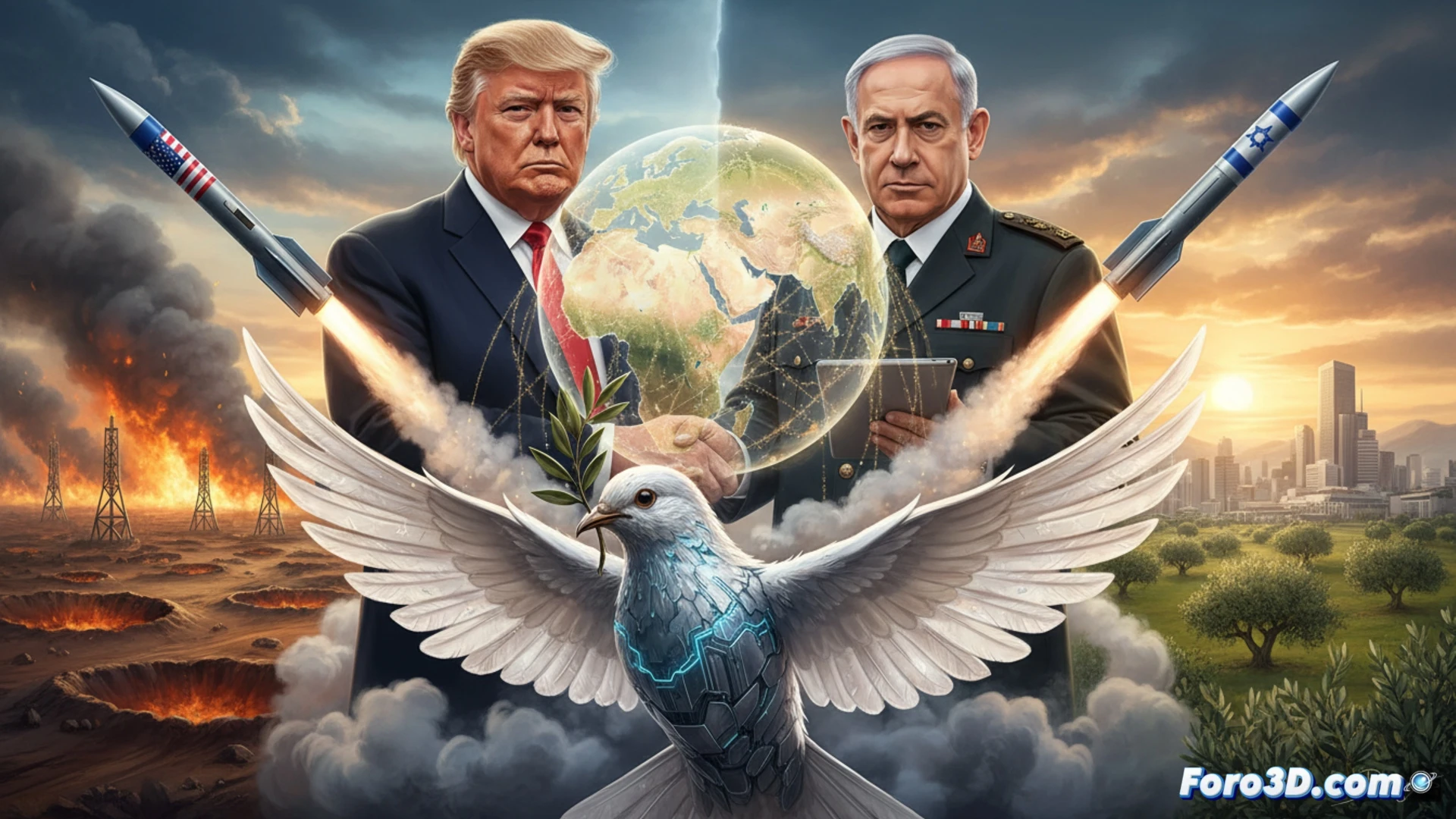 Middle Eastern geopolitical map on a digital table, US and Israeli officials shaking hands while missile launch trajectories fade into transparent diplomatic documents, satellite screens showing de-escalation patterns, glowing red alarm icons dimming to green negotiation nodes, photorealistic technical illustration with cinematic lighting, steel conference table reflecting holographic peace proposal blueprints, military headphones hanging next to a pen signing a treaty, tension lines dissolving into calm data flow visualizations, ultra-detailed political simulation interface