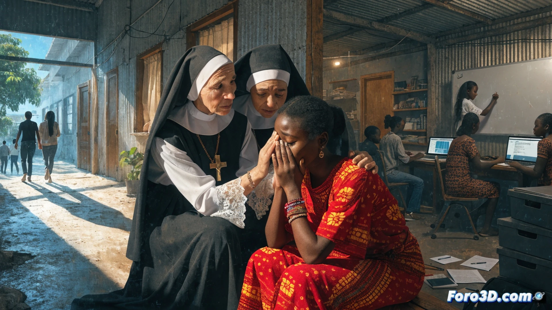 Misioneras españolas en una clínica improvisada en Kinshasa, mostrando a una joven cómo usar un termómetro digital mientras sostiene una tableta con gráficos de salud, niños observando desde una puerta de madera desgastada, luz natural cálida entrando por ventanas altas, polvo suspendido en rayos de sol, fotografía documental cinematográfica, texturas de paredes de ladrillo y suelo de tierra, colores tierra y azul desvanecido, alta profundidad de campo, estilo fotorrealista emocional