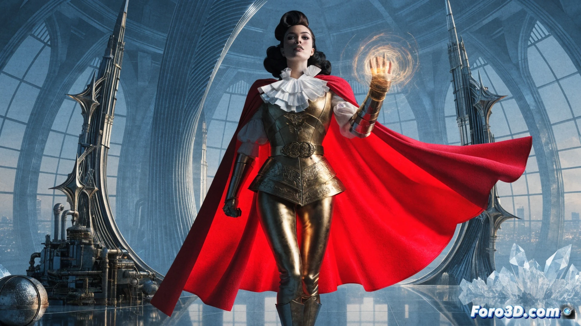 Golden Age superheroine Miss America standing on atomic lattice structure, hands emitting glowing energy waves rearranging molecules in mid-air, vintage comic book style with 1940s pulp aesthetic, dramatic spotlight lighting, her red cape flowing upward as if caught in a quantum field, background showing a fragmented timeline with old comic panels fading into dust, technical visualization of atomic bonds breaking and reforming around her, cinematic shot from low angle, matte painting texture, retro-futuristic color palette of crimson gold and teal, photorealistic render with subtle comic halftone dots on edges