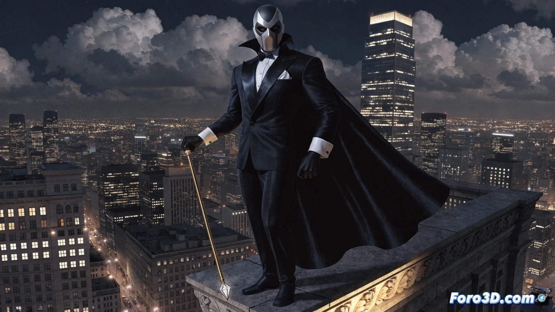 Night vigilante Mister E in elegant tailored suit and diamond-tipped cane, leaping across a rain-slicked Gotham rooftop during a 1970s noir scene, cane striking a flickering neon sign, sparks scattering across dark wet asphalt, vintage comic panel aesthetic with heavy shadows, dramatic cinematic lighting, muted sepia tones with deep blacks, photorealistic textured paper grain, technical precision in fabric folds and cane metal reflections, action pose showing dynamic motion blur, retro urban atmosphere with distant city glow, ultra-detailed costume stitching and cane diamond facet highlights